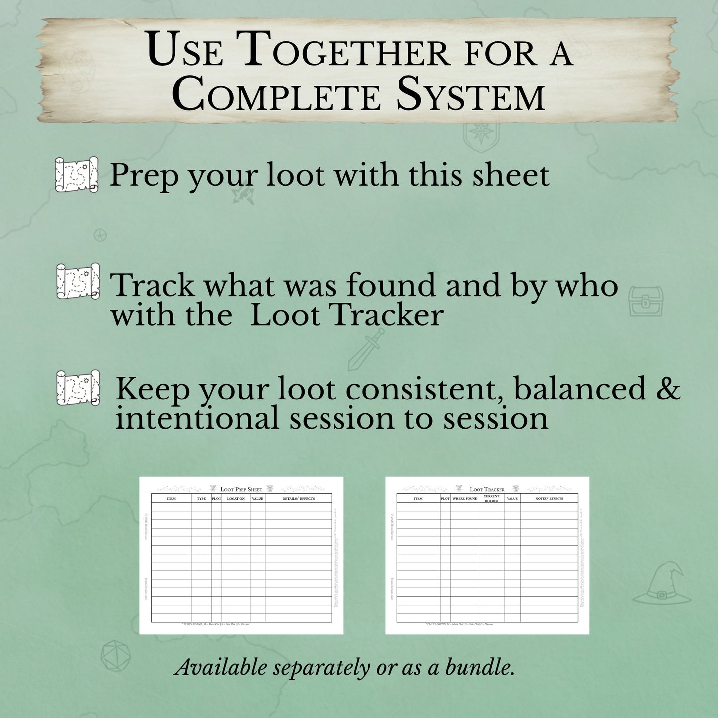 DM loot prep sheet and DM loot tracker PDF printable worksheet bundle for D&D treasure planning