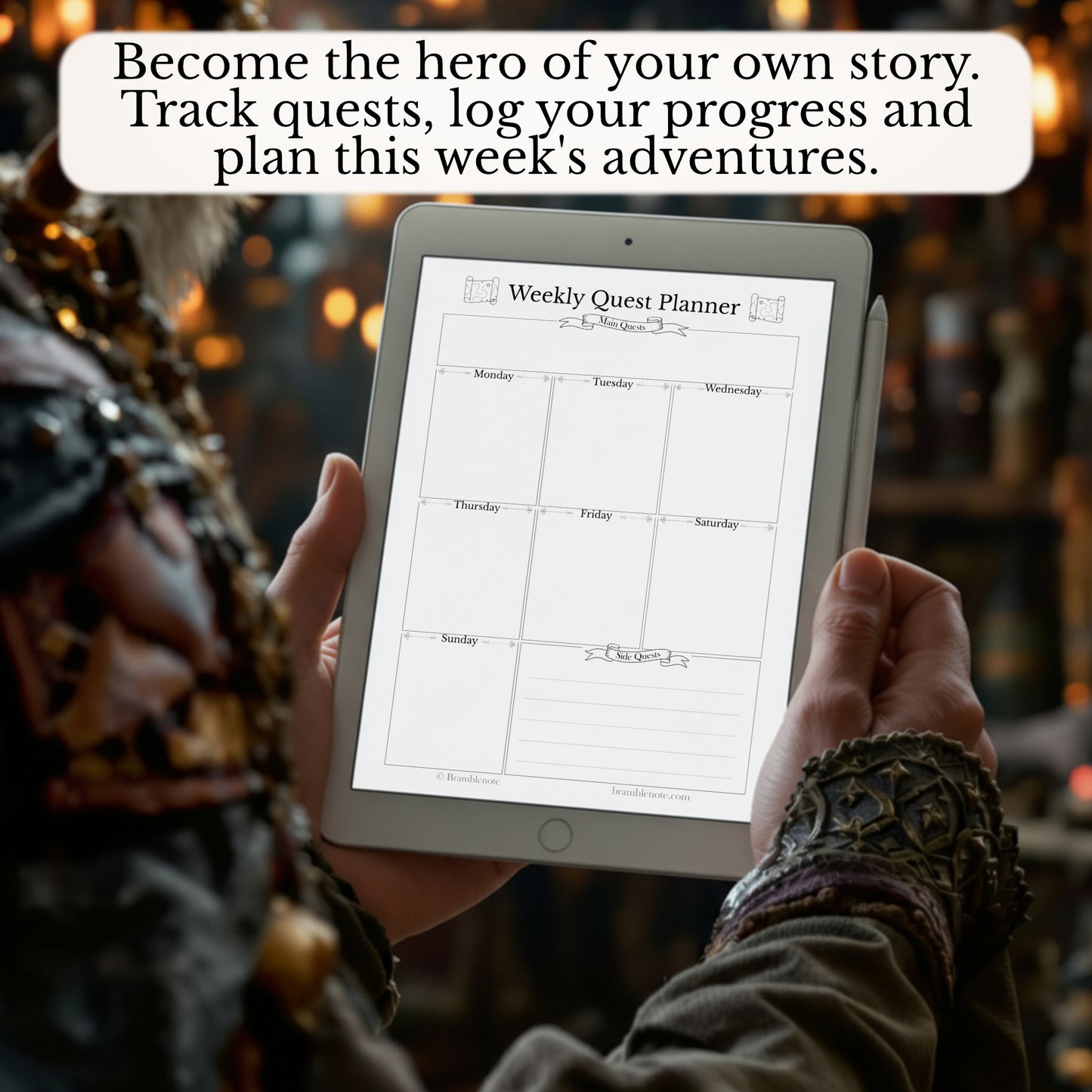 Person holding a tablet with a weekly quest planner on an app, surrounded by warm, blurred lights.