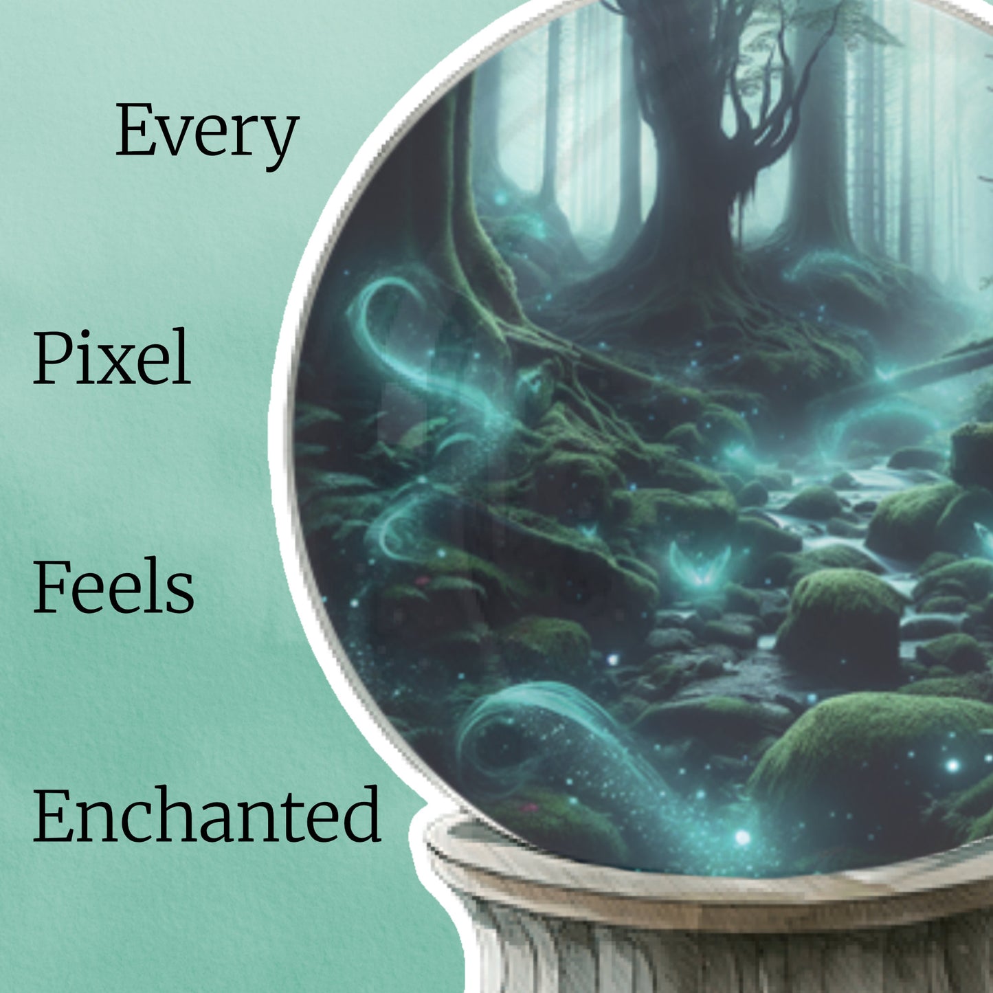 Close up of one of the fantasy crystal ball digital stickers feauring an ethereal forest scene with glowing elements on a teal background and text 'Every Pixel Feels Enchanted'.