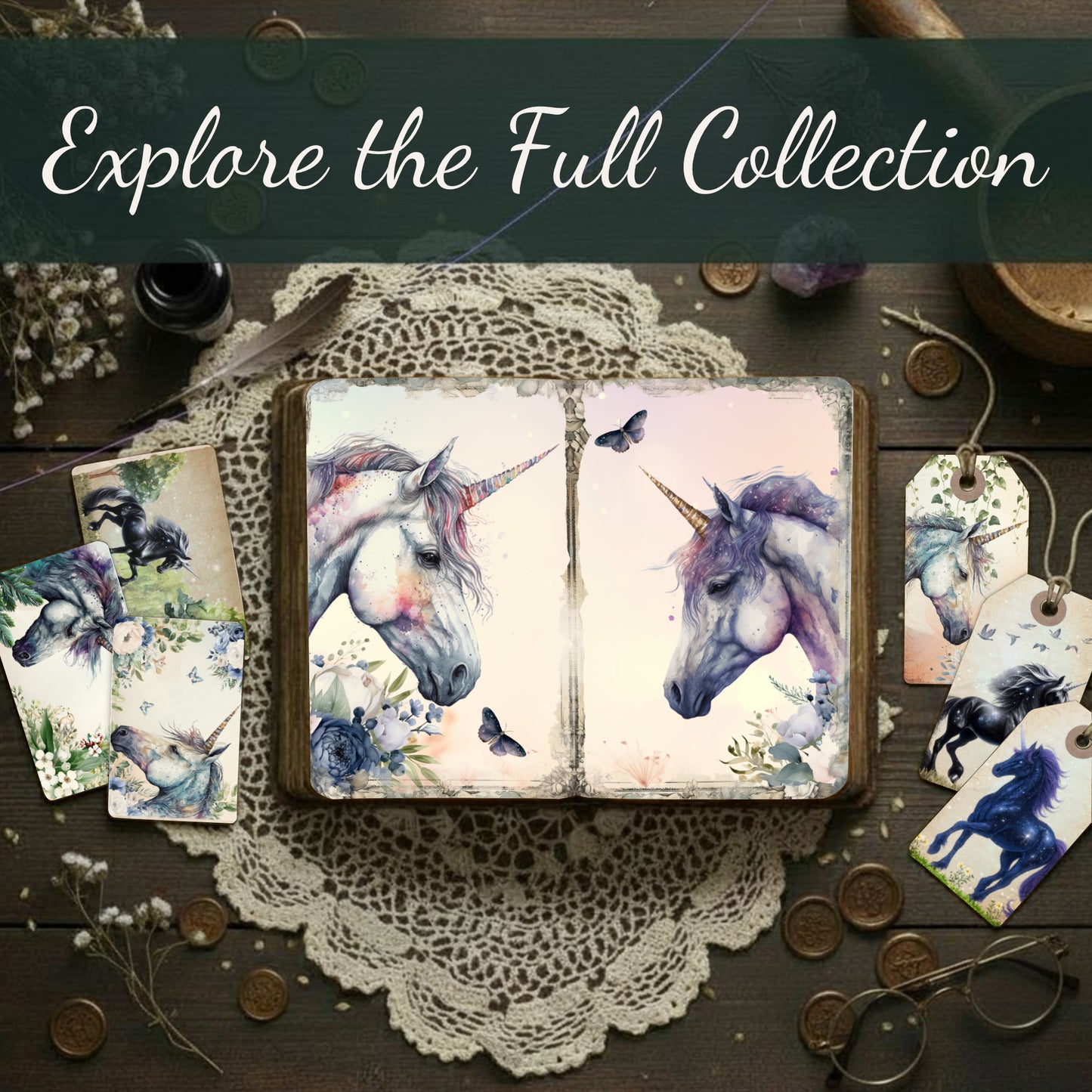 Explore the Unicorn-themed stationery collection, shown on a wooden surface with text 'Explore the Full Collection'.