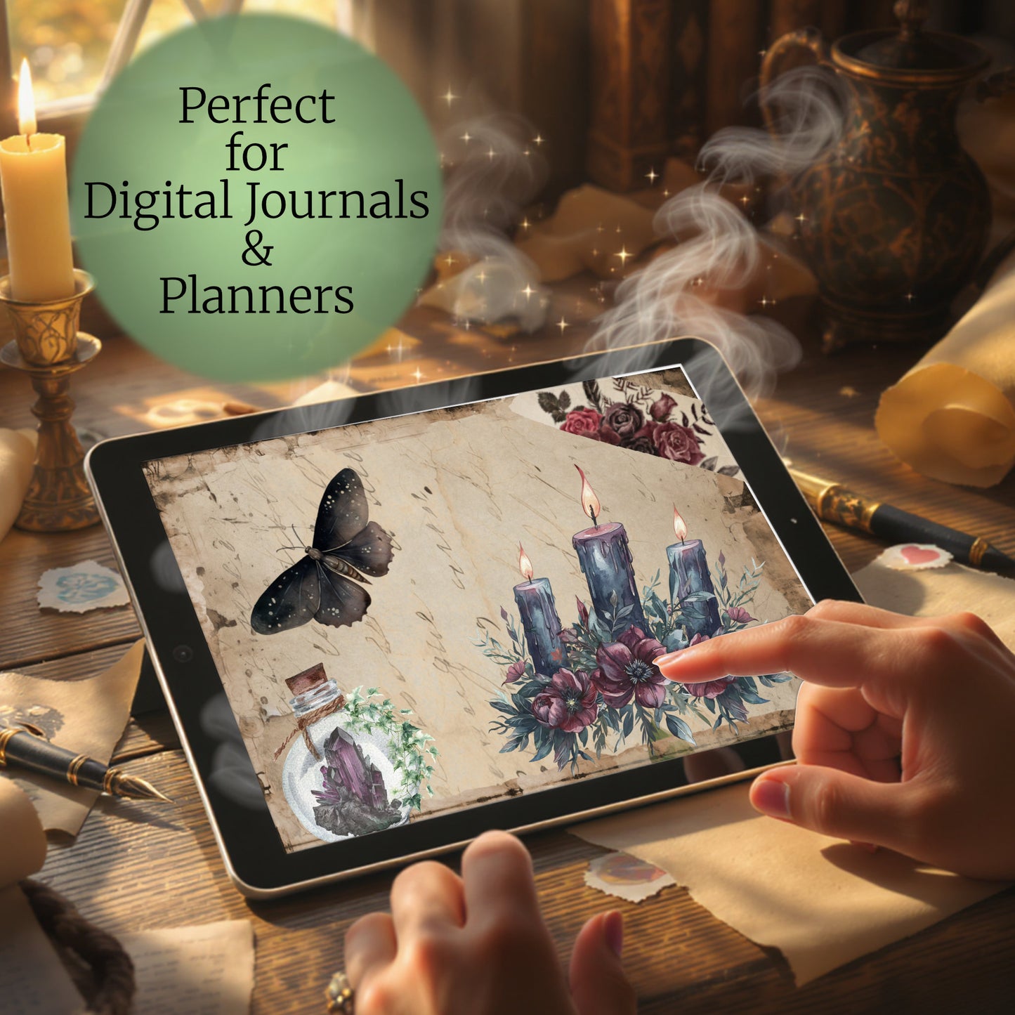 Witch’s Apothecary digital stickers arranged in a cozy witchcore digital journal scene on tablet