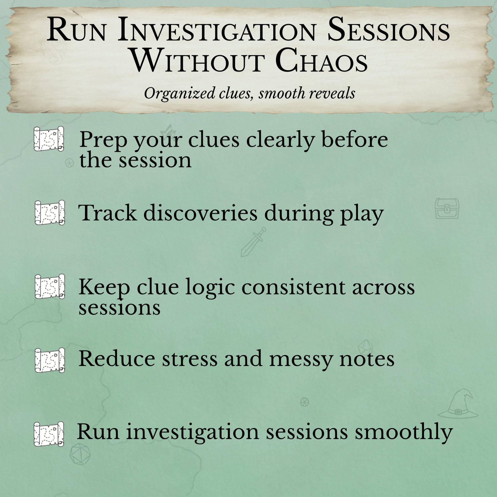 Dungeon Master mystery planning tools for organizing and tracking clues
