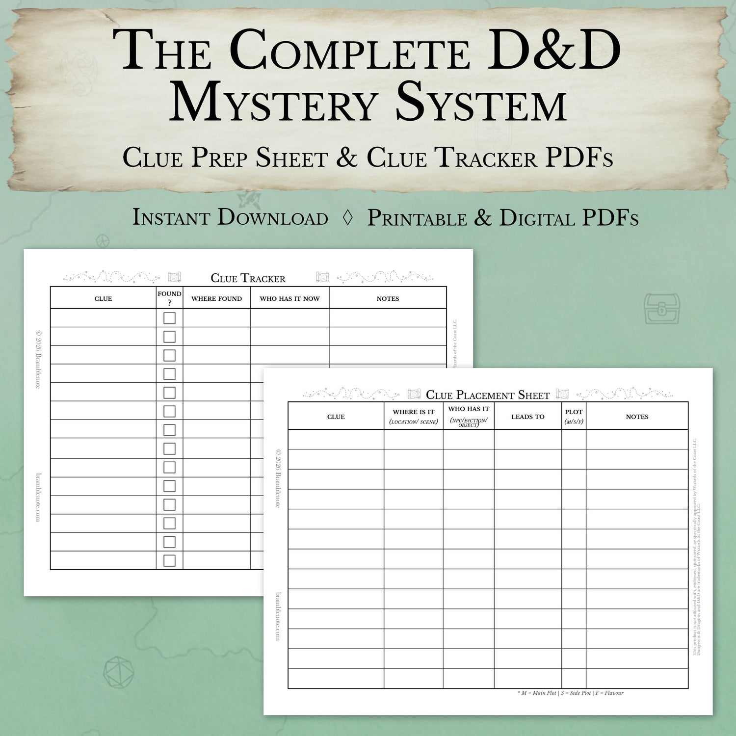 Two-page D&D mystery bundle PDF instant download DM tool
