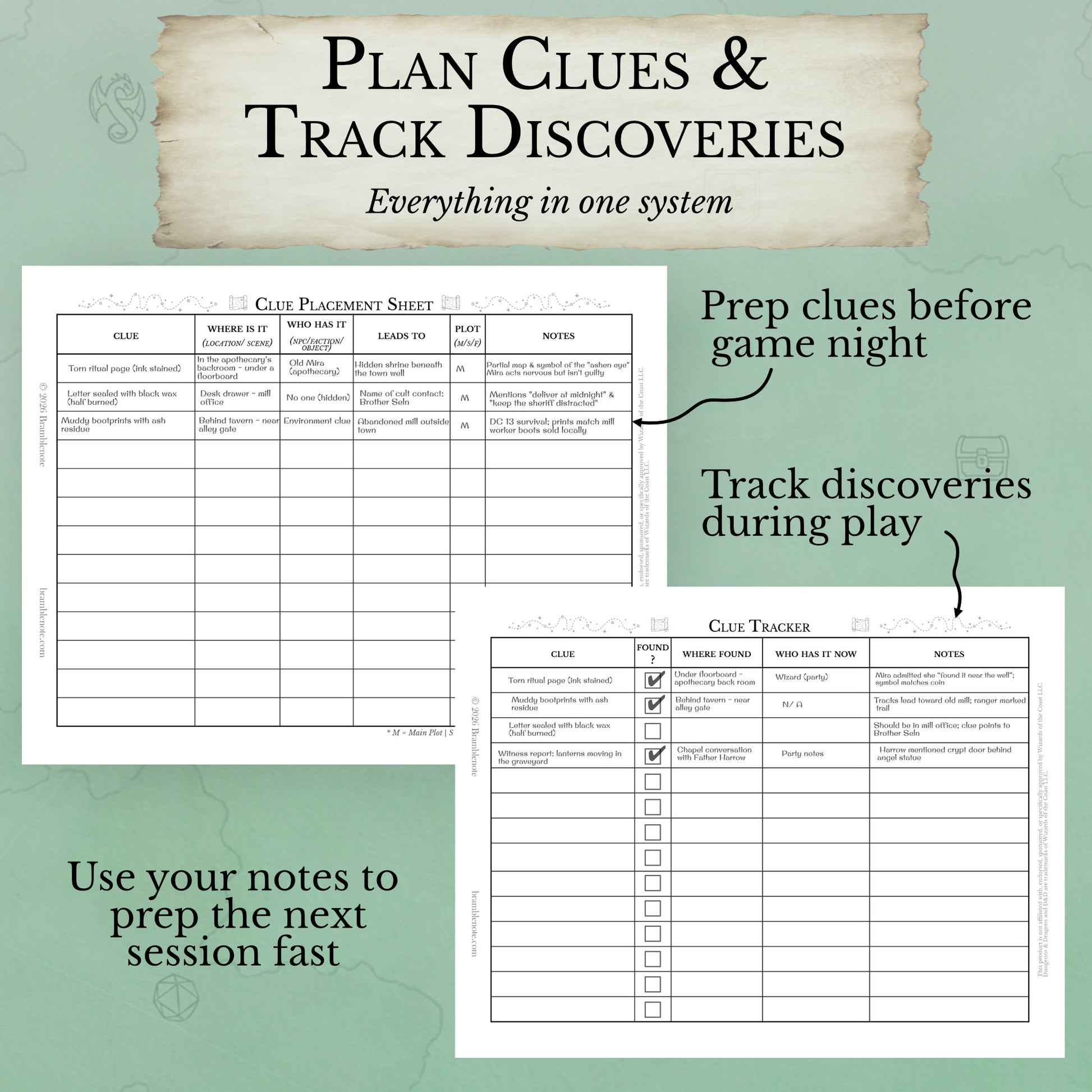 D&D mystery planning bundle PDF including clue prep sheet and clue tracker system
