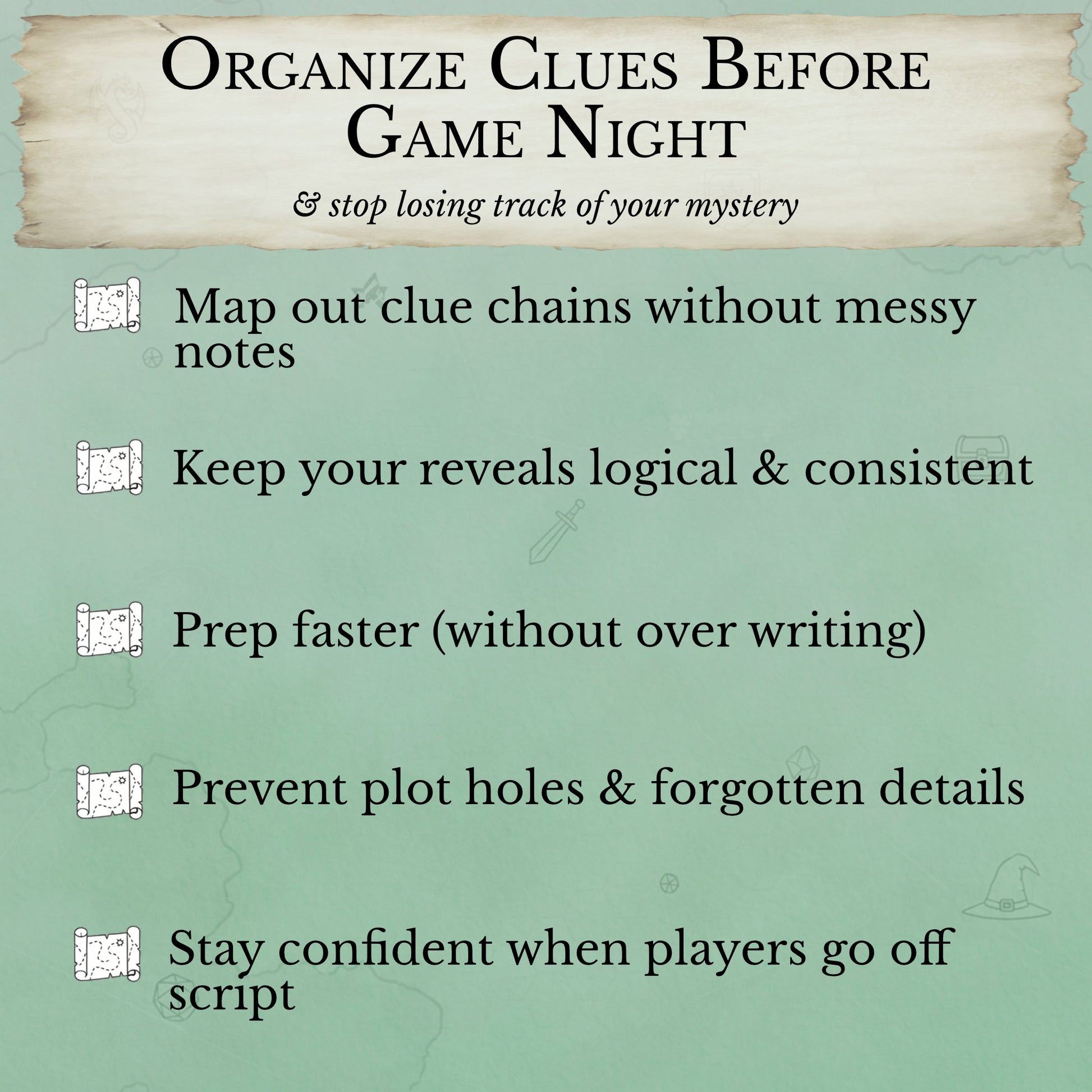 Printable D&D mystery prep sheet for organizing investigation clues
