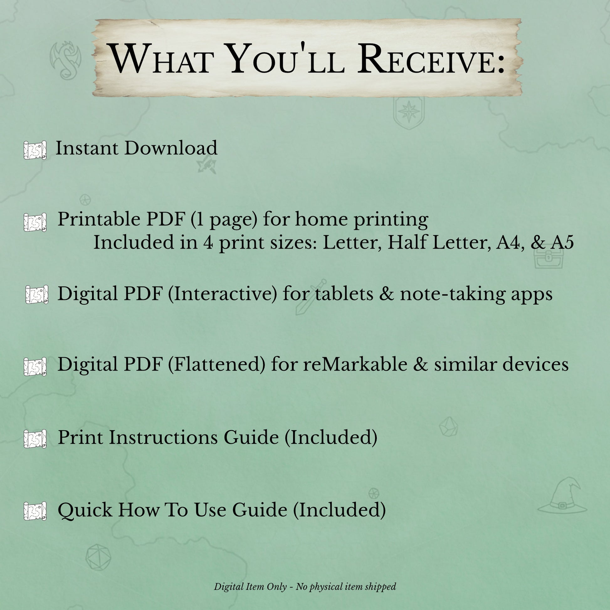What you'll receive when you download the D&D clue prep sheet PDF printable mystery planning worksheet for Dungeon Masters

