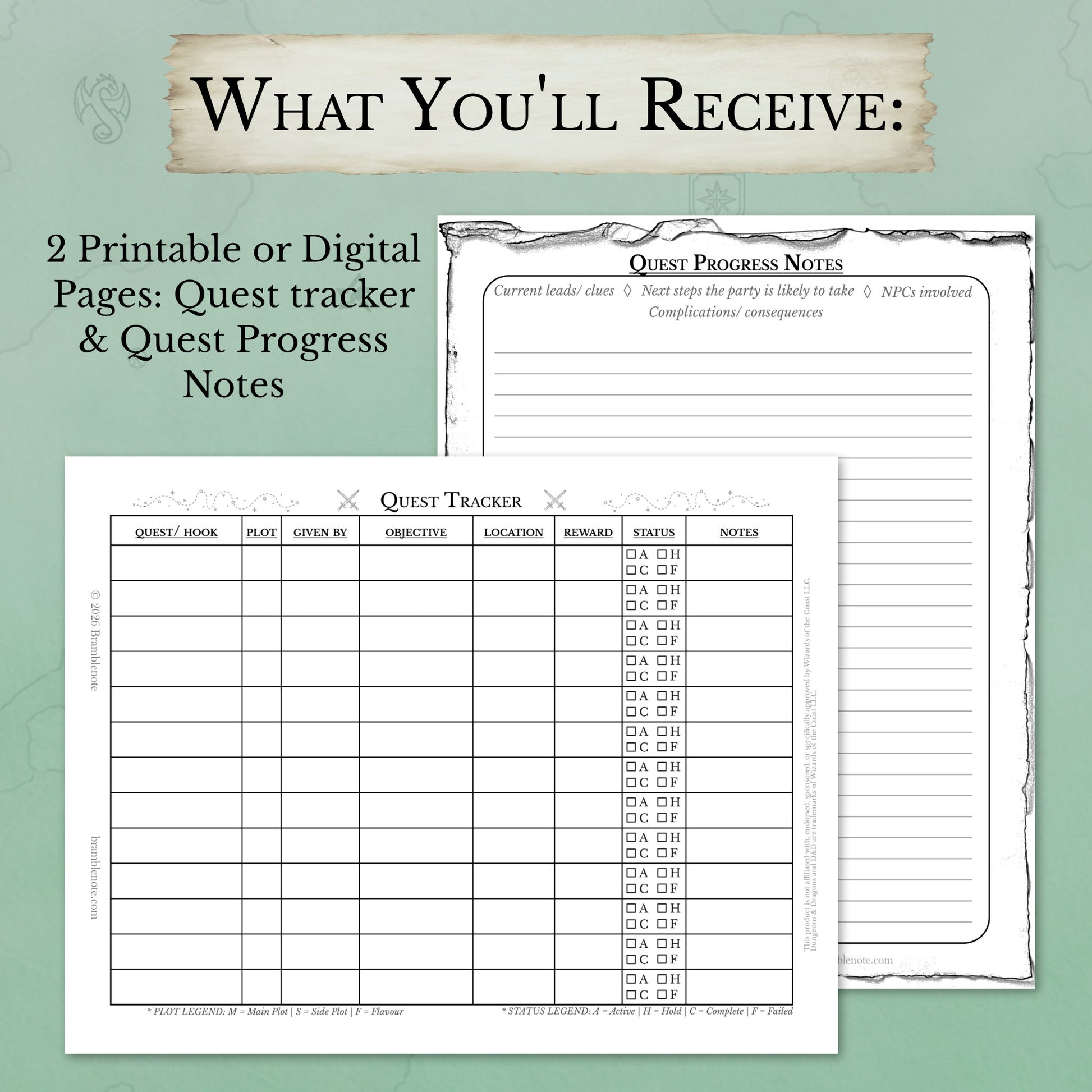 What you'll receive when you purchase the printable D&D campaign tracker for tracking side quests and story hooks
