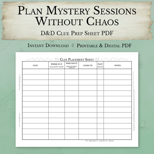 D&D clue prep sheet PDF printable mystery planning worksheet for Dungeon Masters