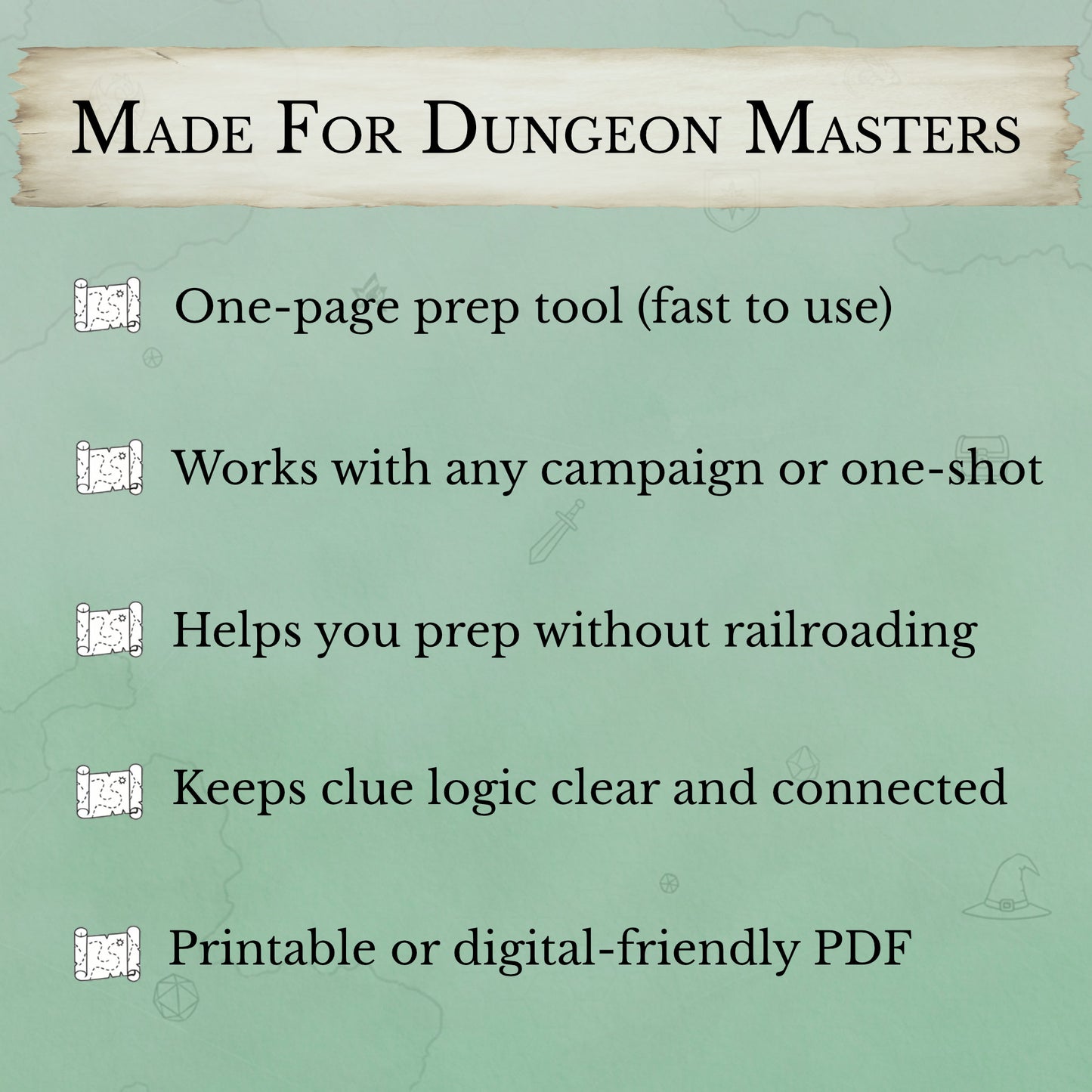 D&D clue prep worksheet designed for Dungeon Master session planning