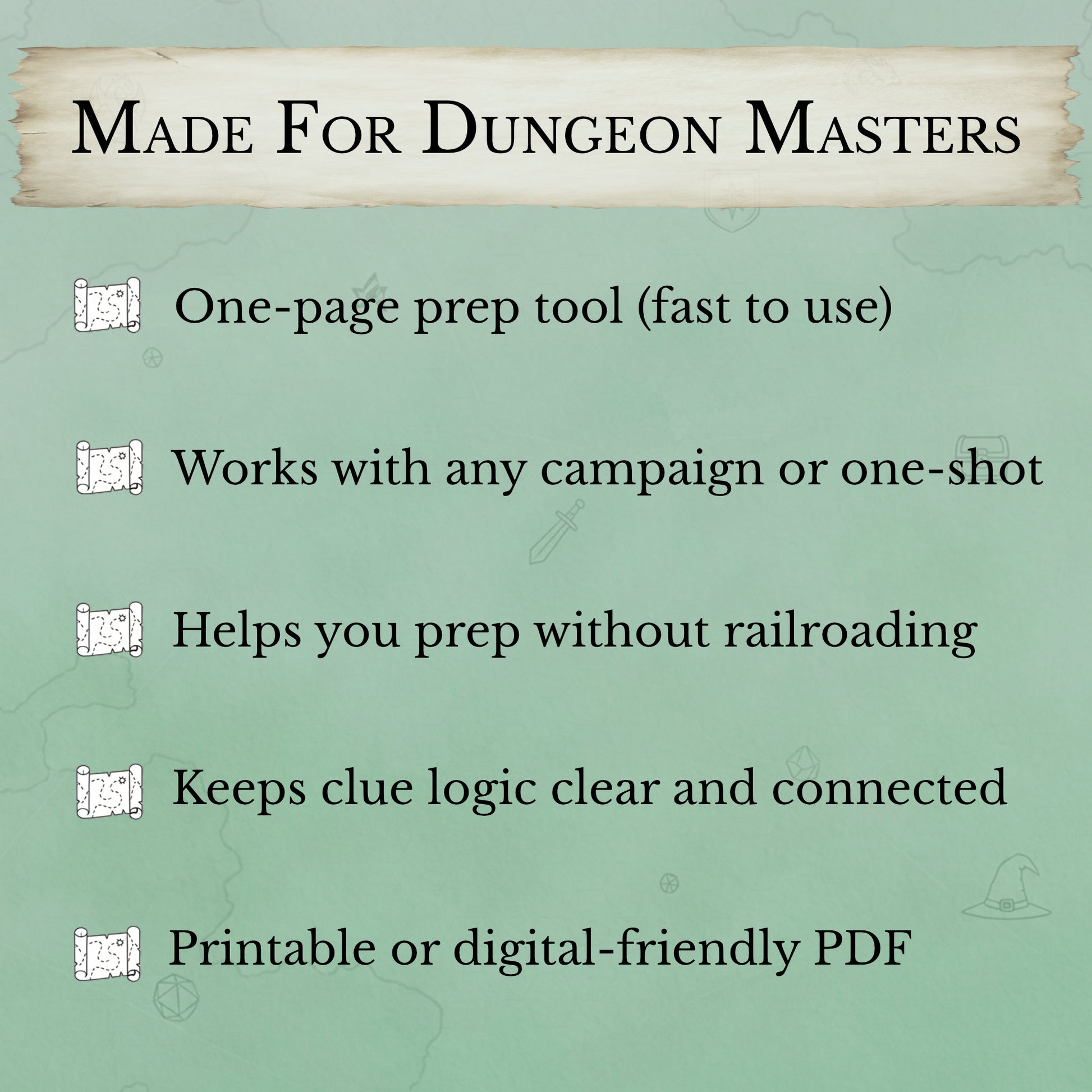 D&D clue prep worksheet designed for Dungeon Master session planning