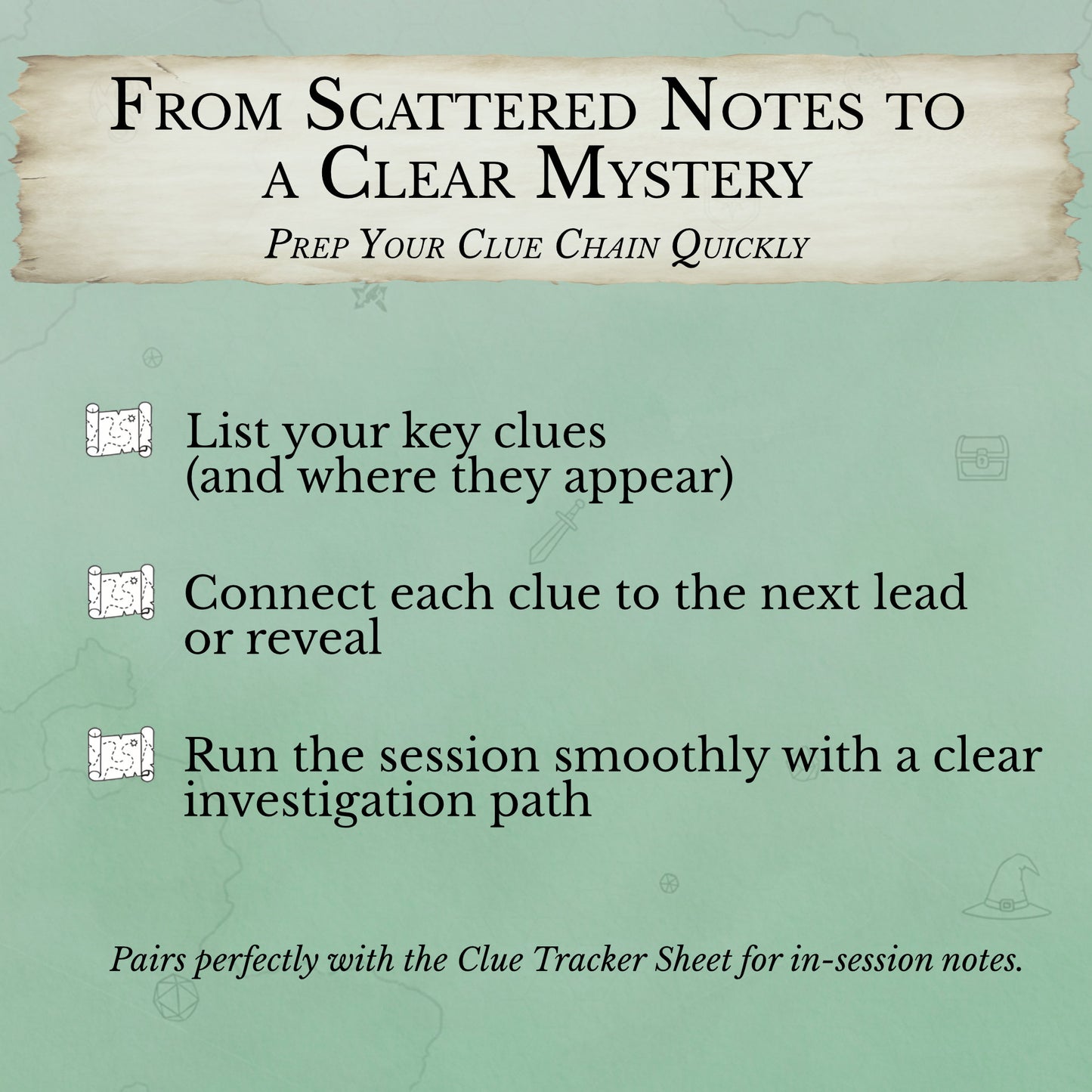 DM clue planning template showing organized clue chain workflow