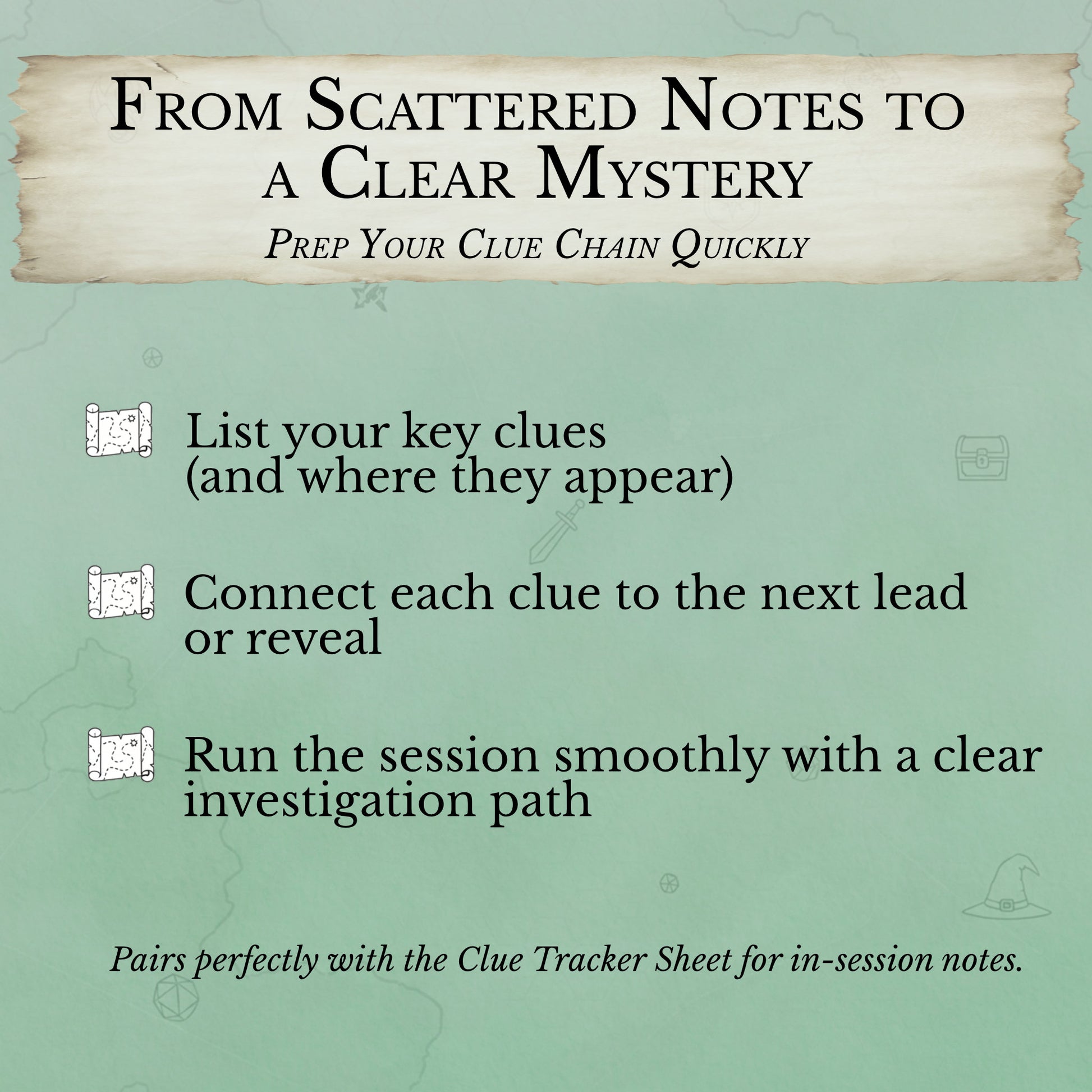 DM clue planning template showing organized clue chain workflow