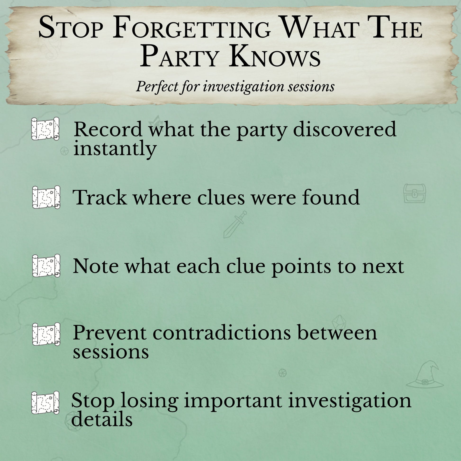 DM clue tracking template for recording discovered clues during game play
