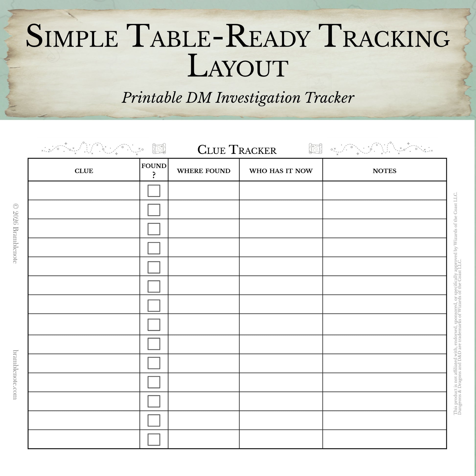 One-page D&D clue tracking worksheet for Dungeon Master session notes
