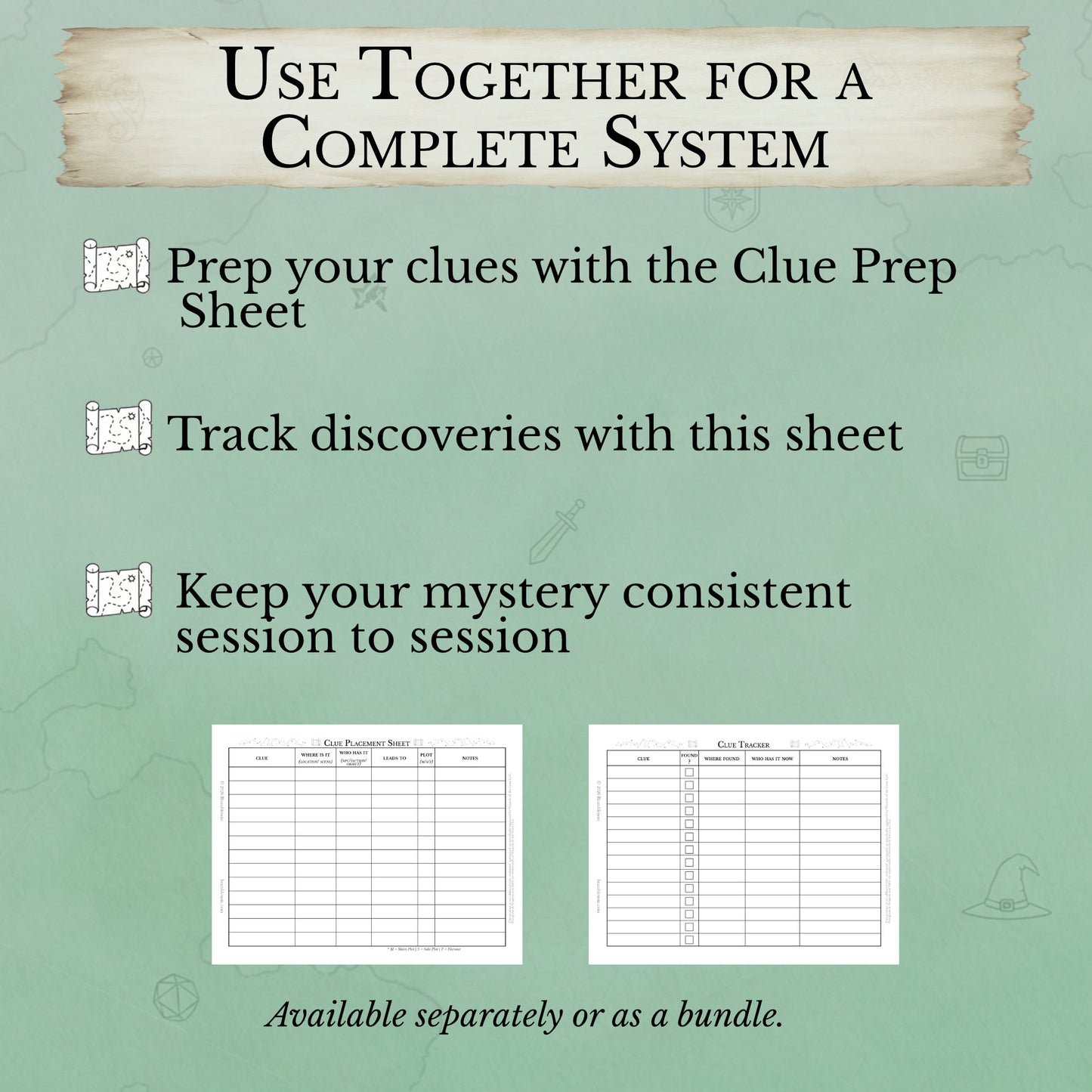 Promotional graphic for clue preparation and tracking sheets with text on a green background.
