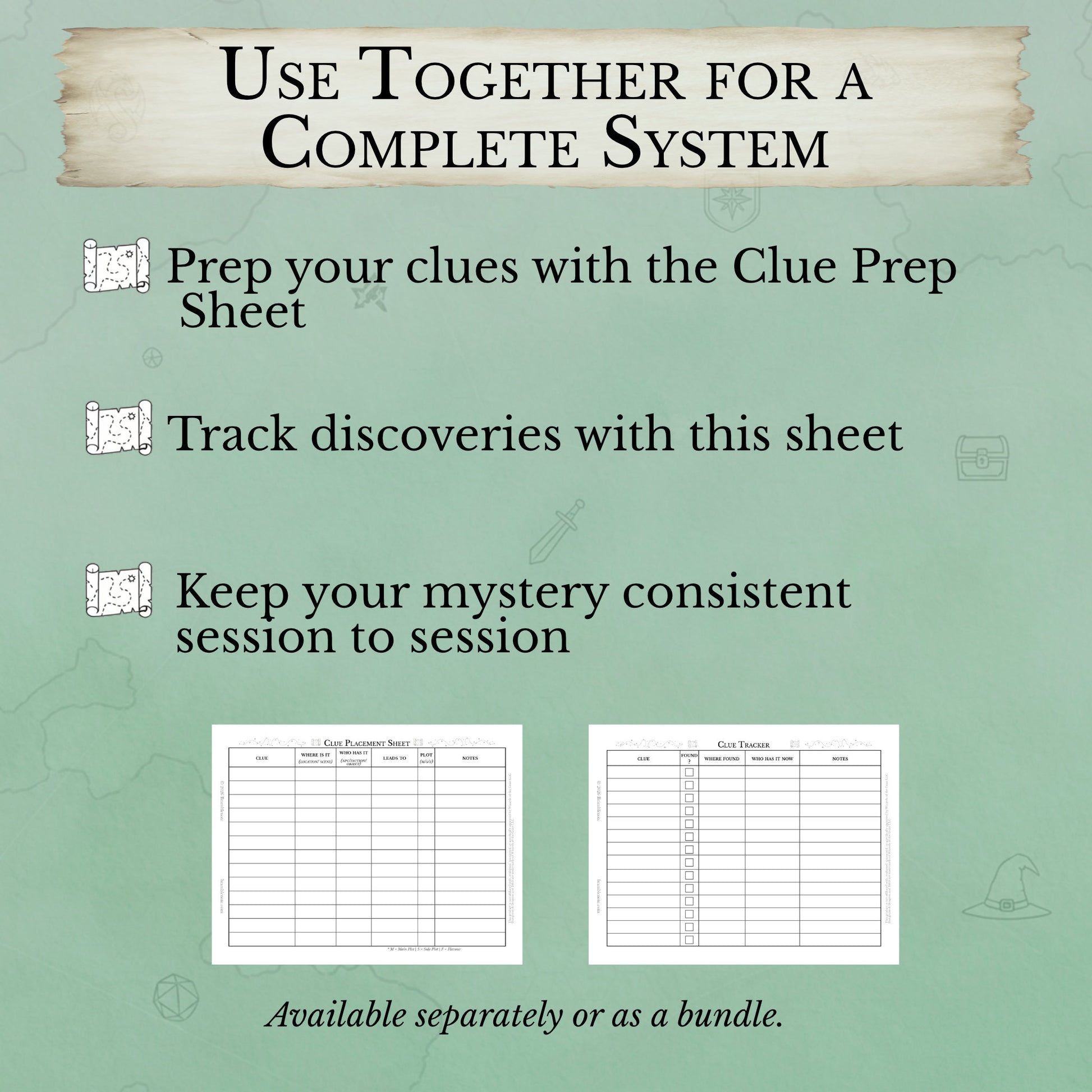 Promotional graphic for clue preparation and tracking sheets with text on a green background.