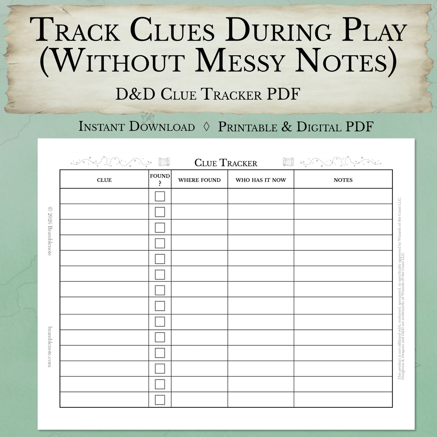 D&D clue tracker sheet PDF printable investigation tracker for Dungeon Masters