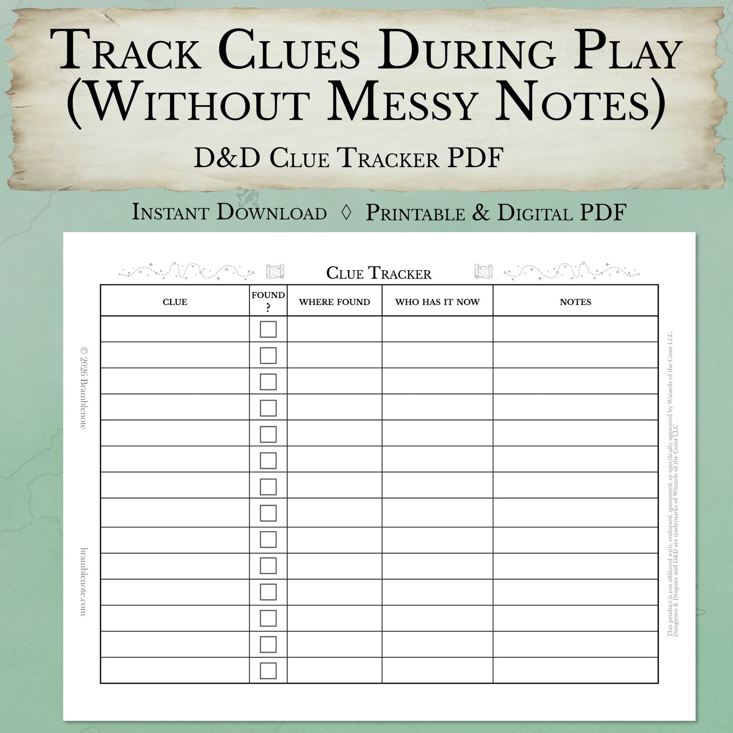 D&D clue tracker sheet PDF printable investigation tracker for Dungeon Masters