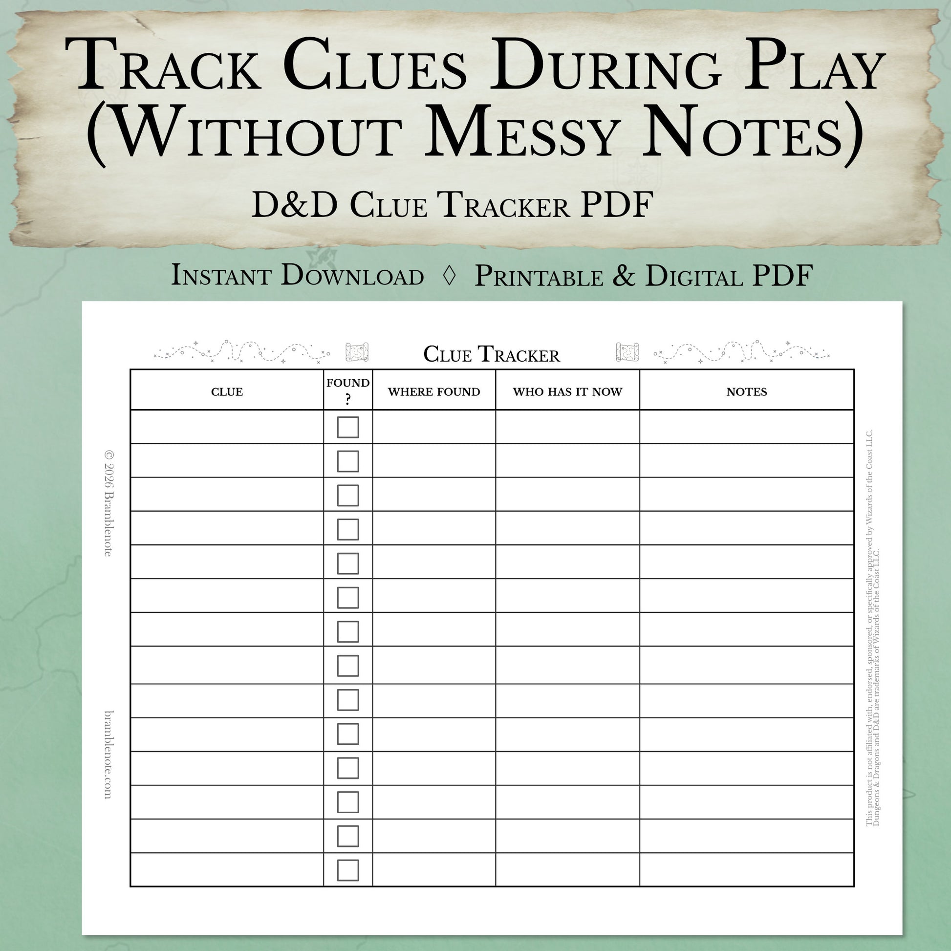 D&D clue tracker sheet PDF printable investigation tracker for Dungeon Masters