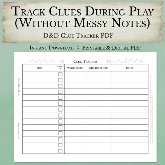 D&D clue tracker sheet PDF printable investigation tracker for Dungeon Masters