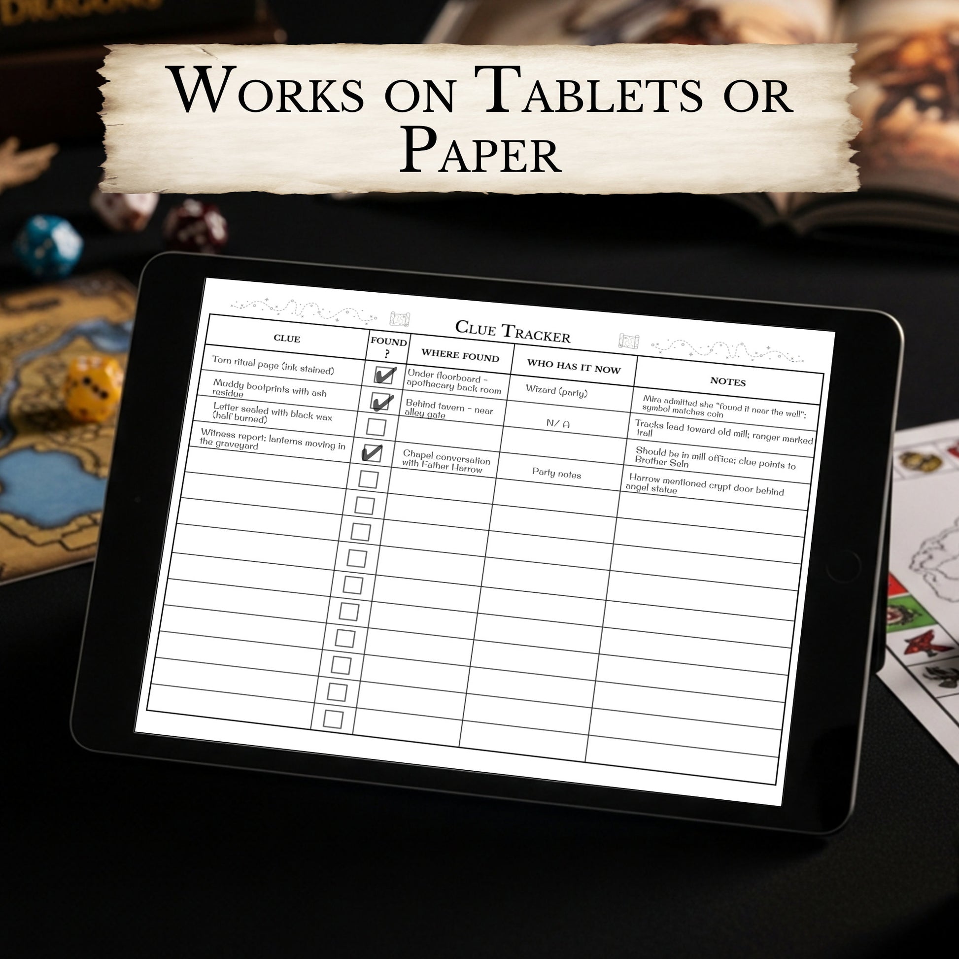 Tablet displaying a clue tracker sheet with a fantasy-themed background
