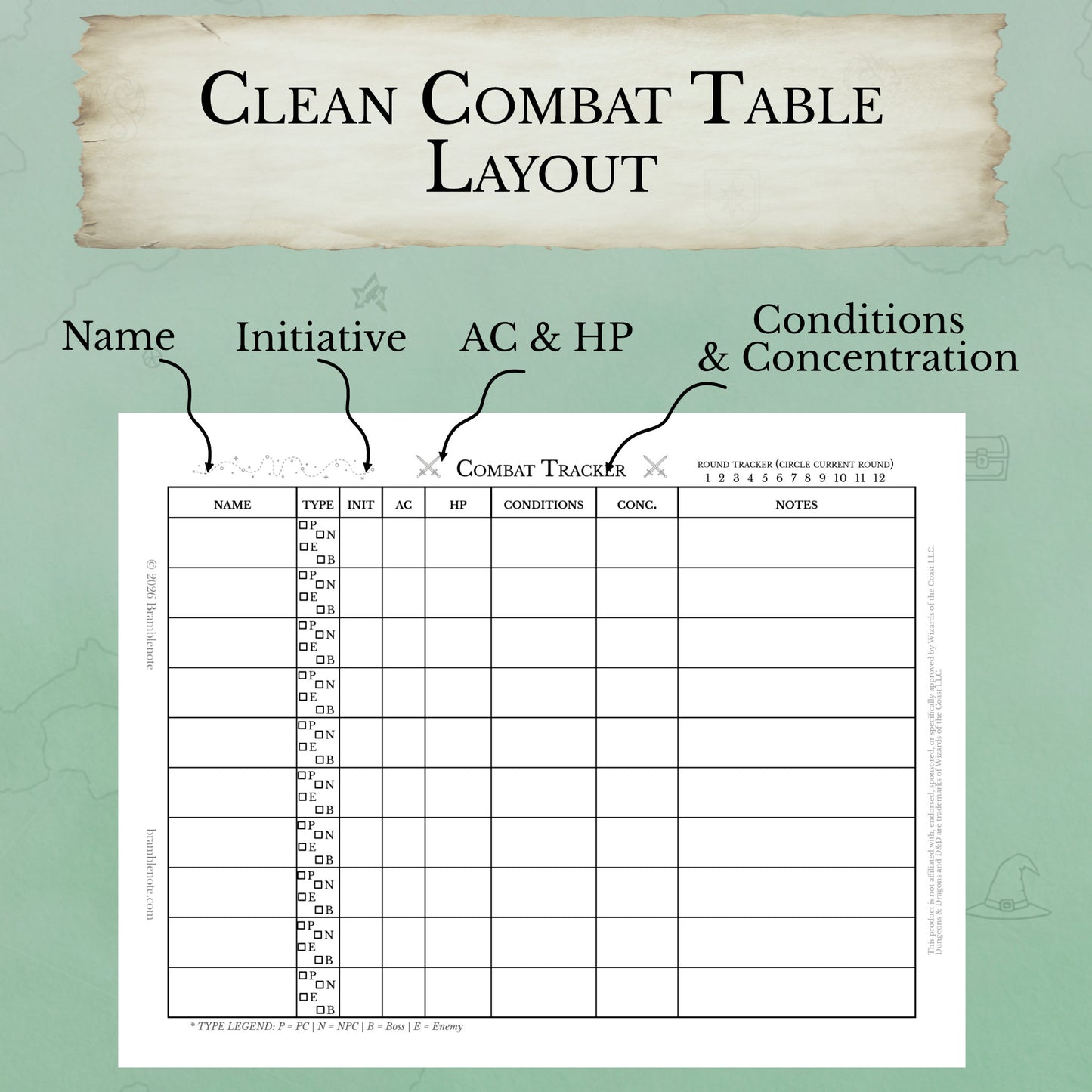 Combat tracker table showing initiative tracker columns for name, initiative, AC, HP, conditions, concentration, and notes.