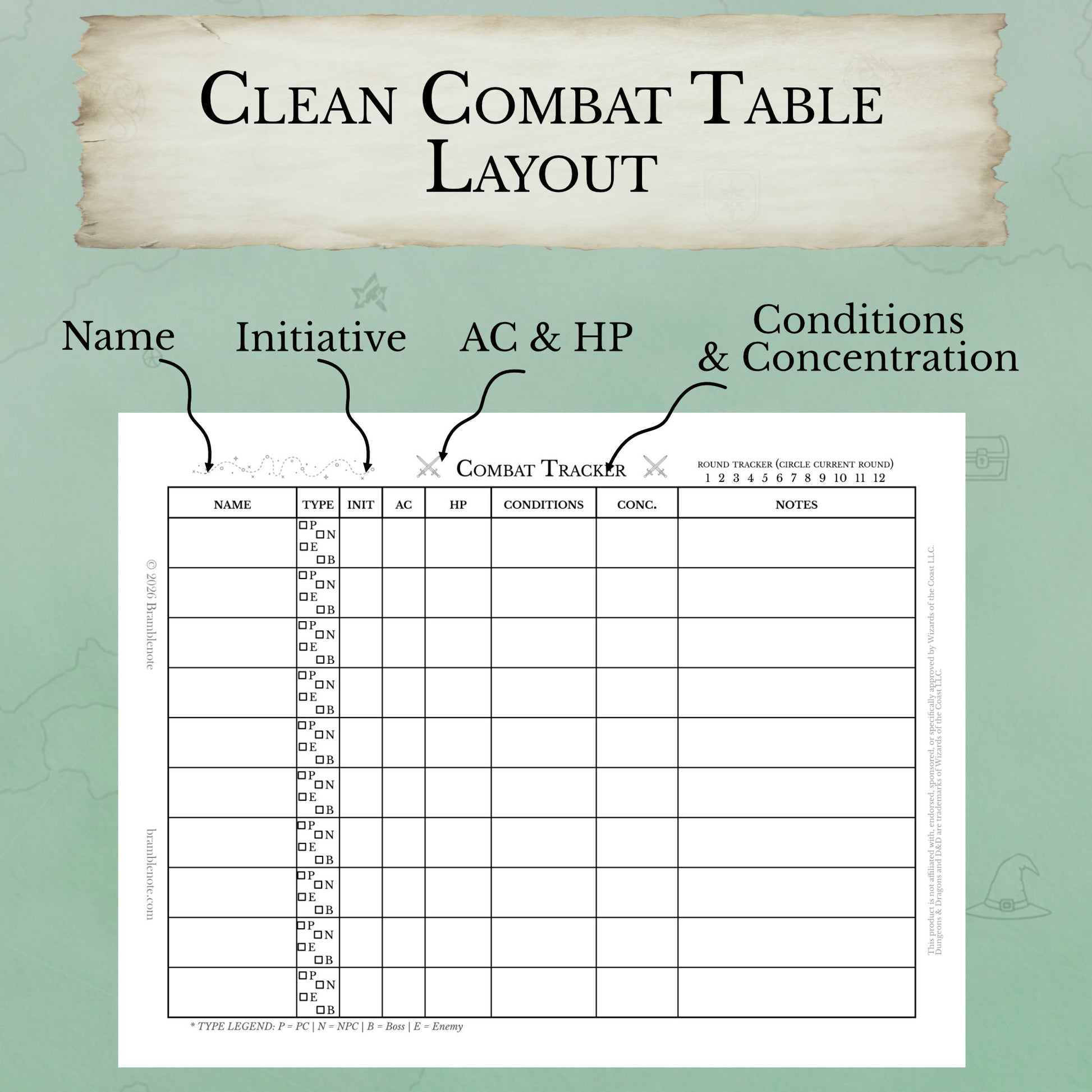 Combat tracker table showing initiative tracker columns for name, initiative, AC, HP, conditions, concentration, and notes.