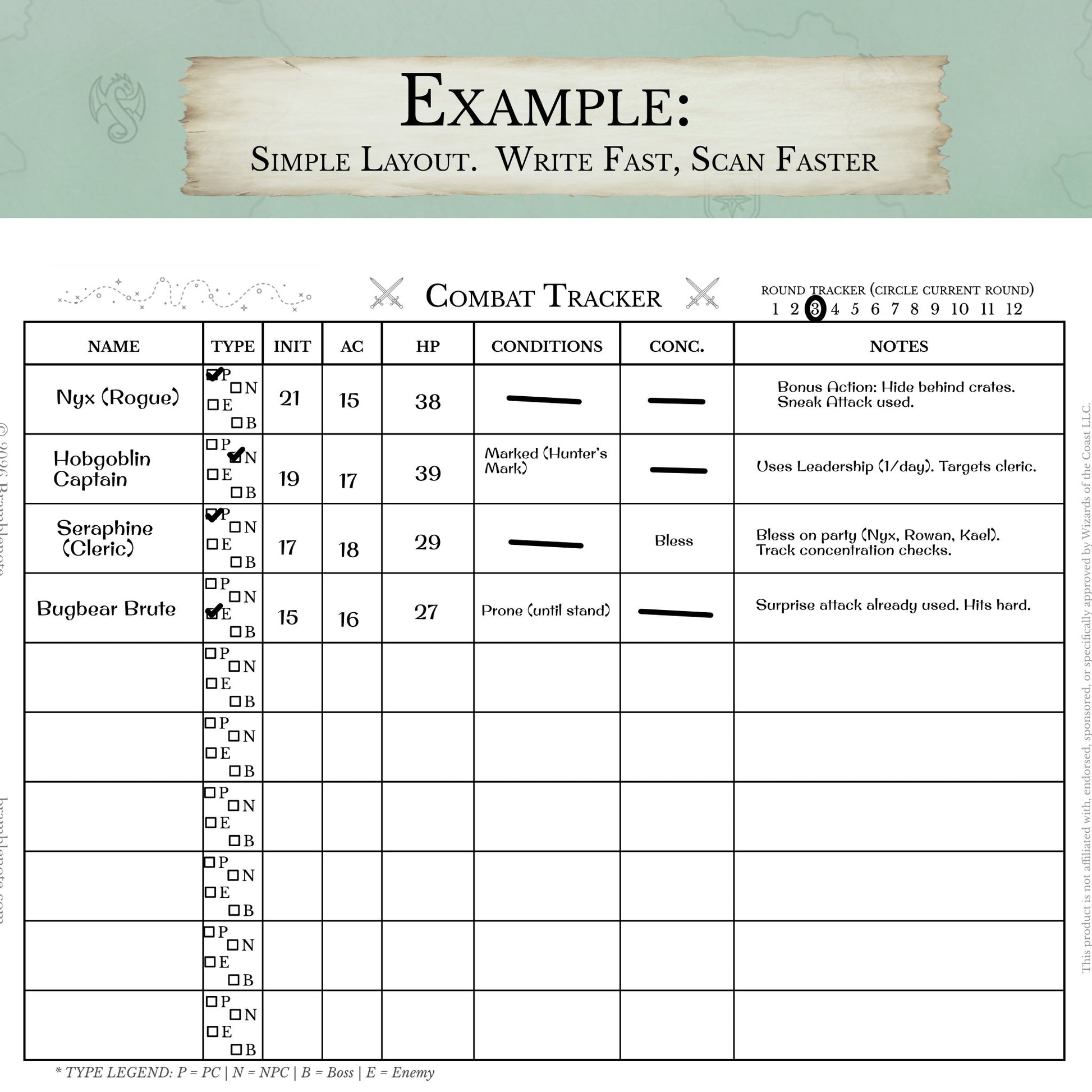 Example of the D&D initiative tracker printable designed to reduce combat chaos and help dungeon masters track enemy HP, conditions, and initiative quickly.
