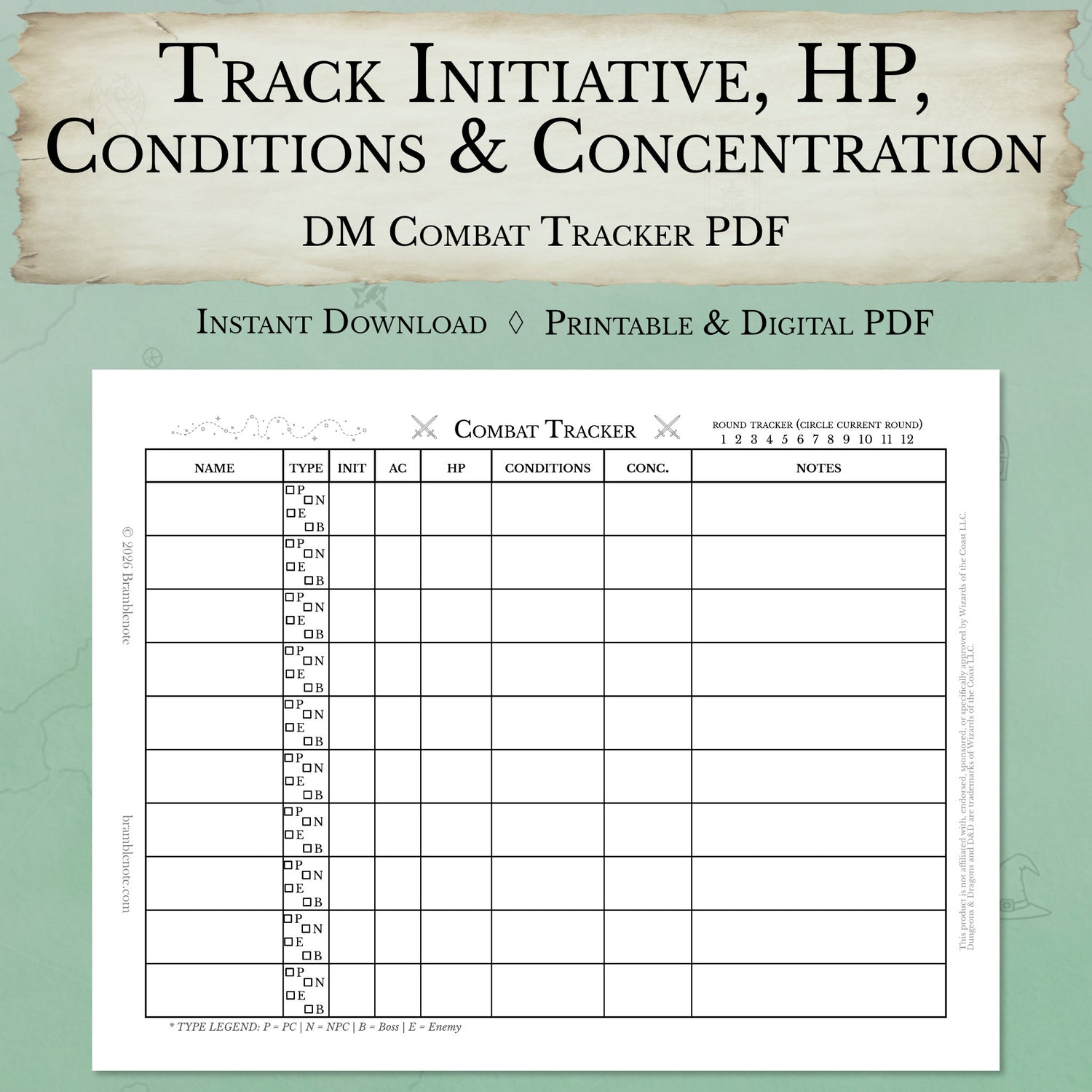 D&D combat tracker printable PDF for dungeon masters to track initiative order, armor class, hit points, conditions, and concentration during combat.