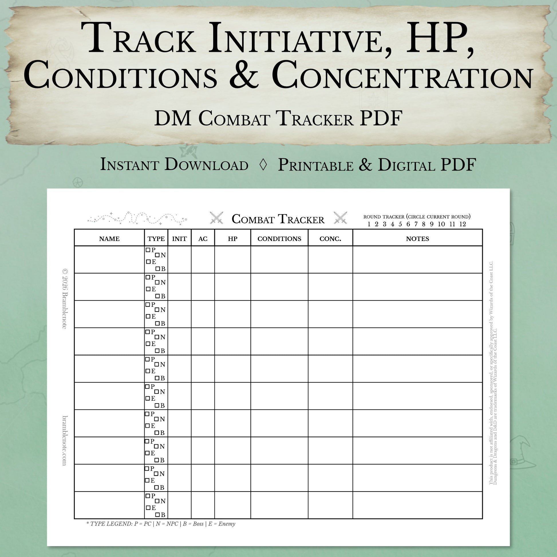 D&D combat tracker printable PDF for dungeon masters to track initiative order, armor class, hit points, conditions, and concentration during combat.