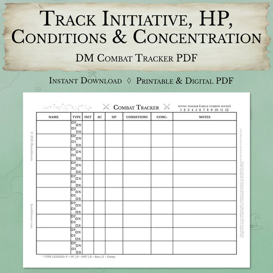 D&D combat tracker printable PDF for dungeon masters to track initiative order, armor class, hit points, conditions, and concentration during combat.