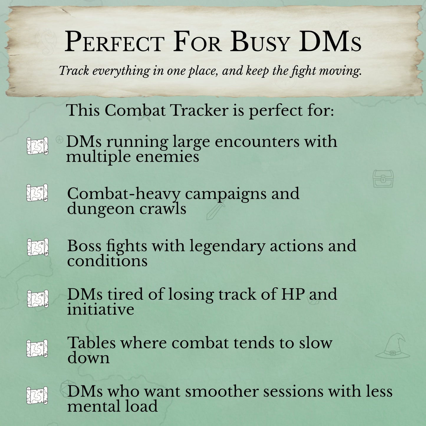 Printable combat tracker for busy dungeon masters featuring condition tracking and concentration spell tracking during D&D combat encounters.