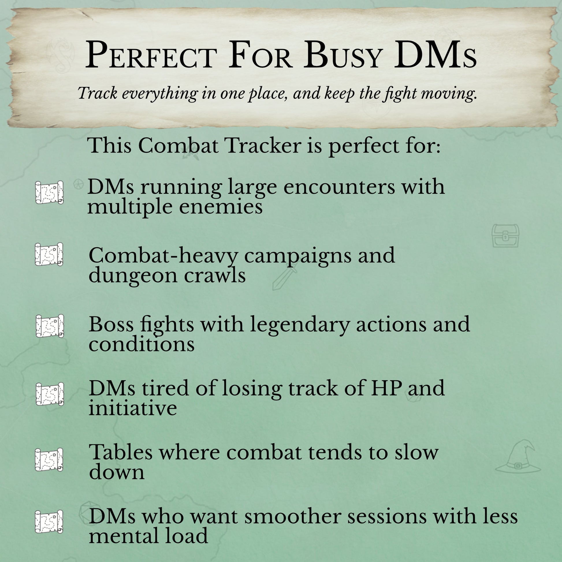 Printable combat tracker for busy dungeon masters featuring condition tracking and concentration spell tracking during D&D combat encounters.