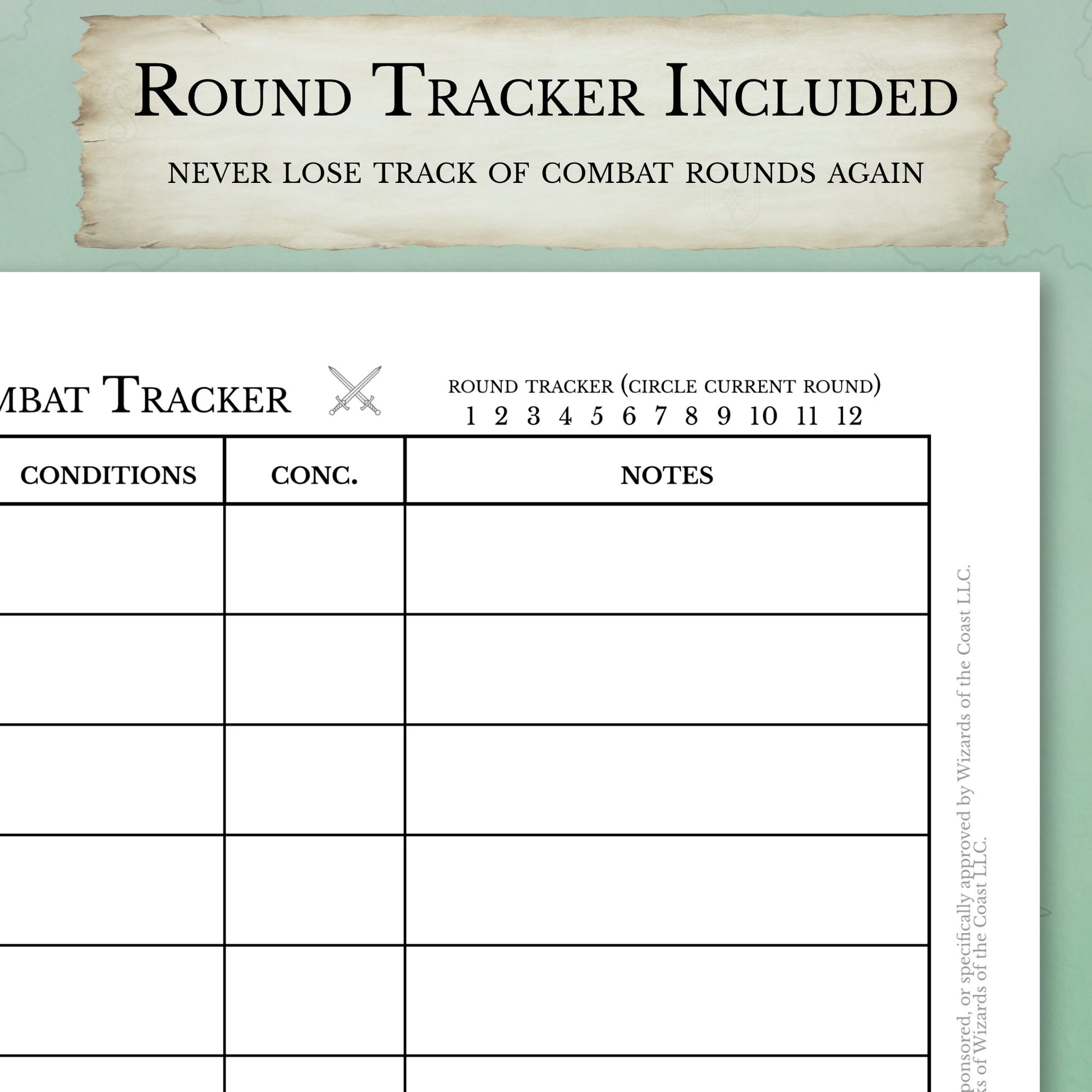 Round tracker feature on D&D combat tracker printable used to track combat round number during encounters.
