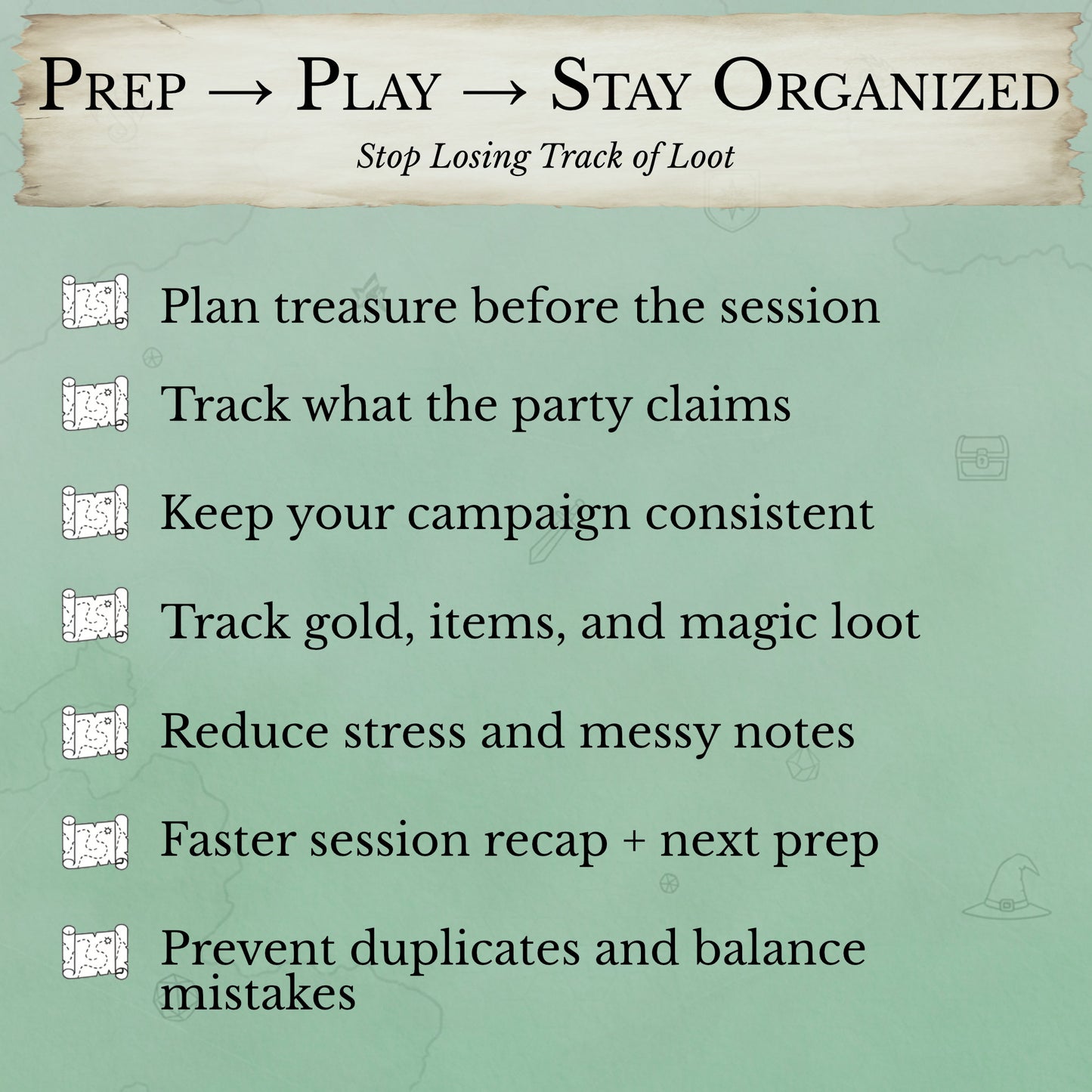 D&D loot prep sheet and loot tracker bundle for magic items and rewards
