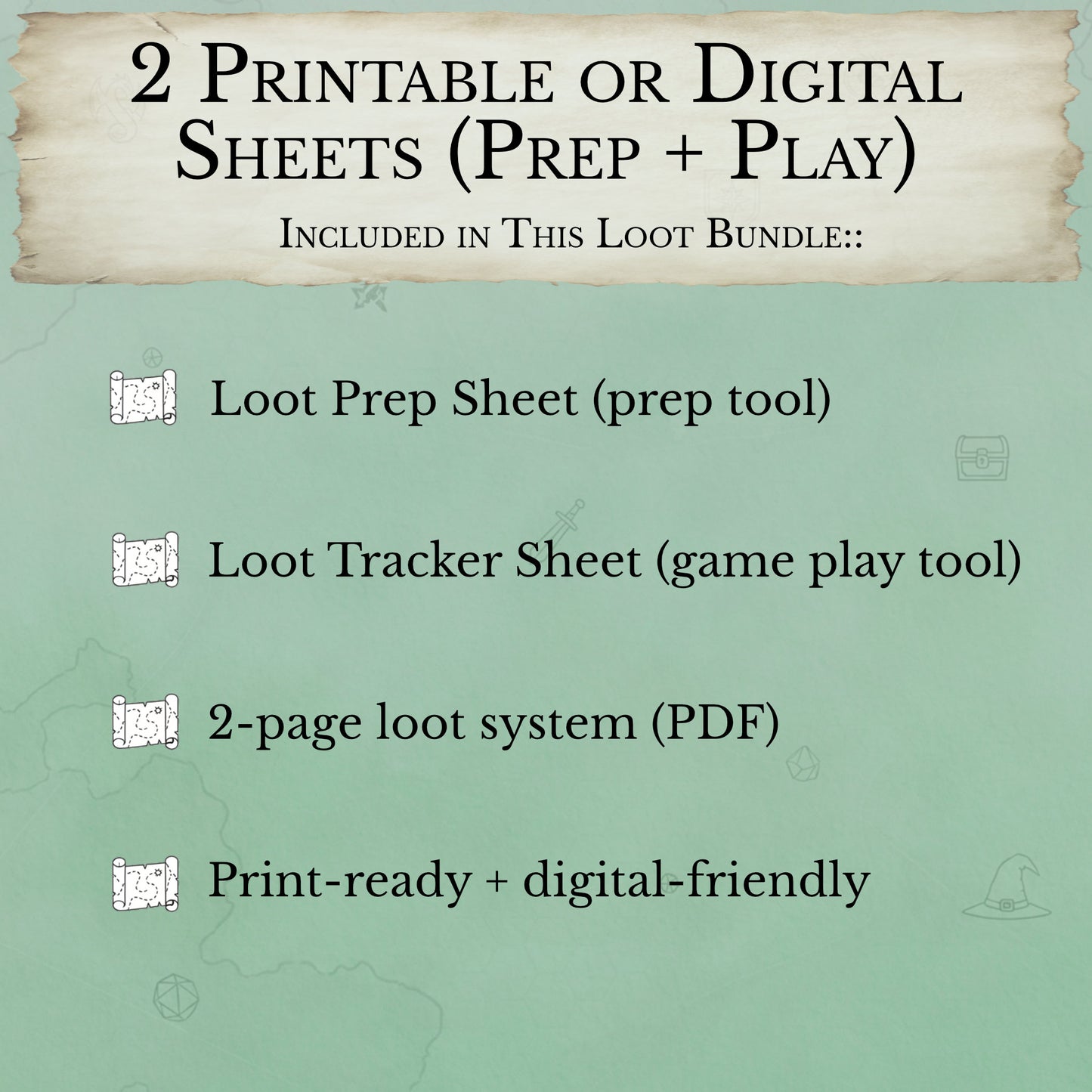 printable D&D loot bundle for Dungeon Masters planning and tracking treasure