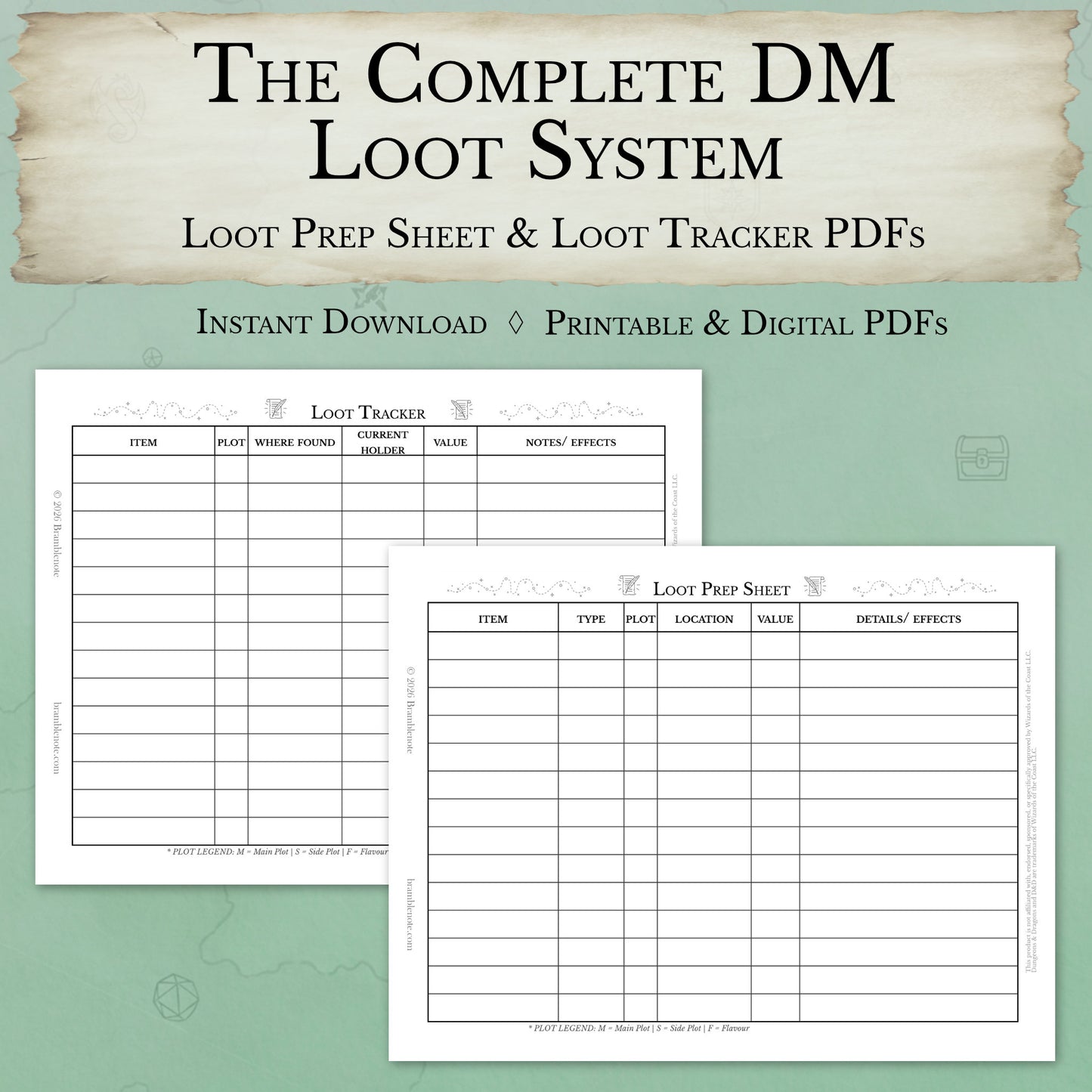 DM loot bundle PDF including loot prep sheet and loot tracker system for D&D
