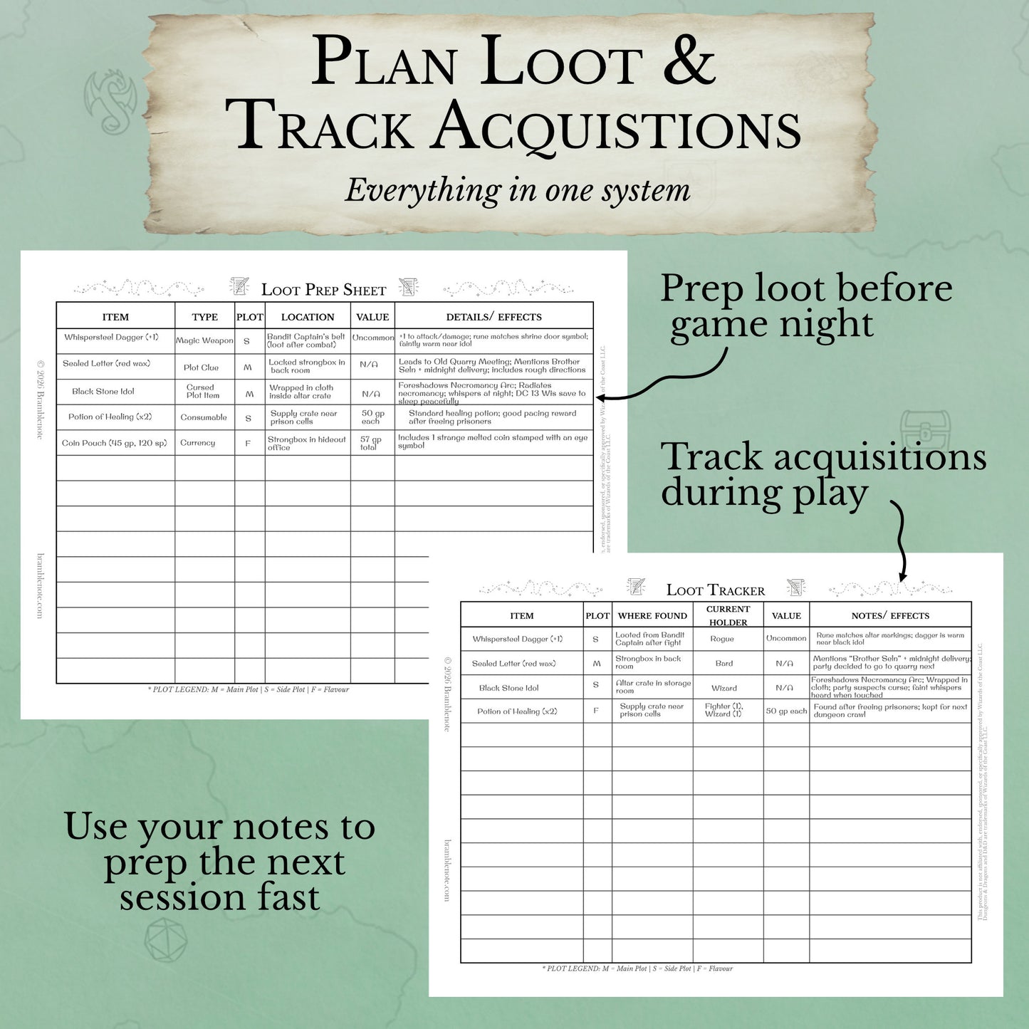 two-page DM loot bundle PDF showing loot prep worksheet and loot tracker sheet
