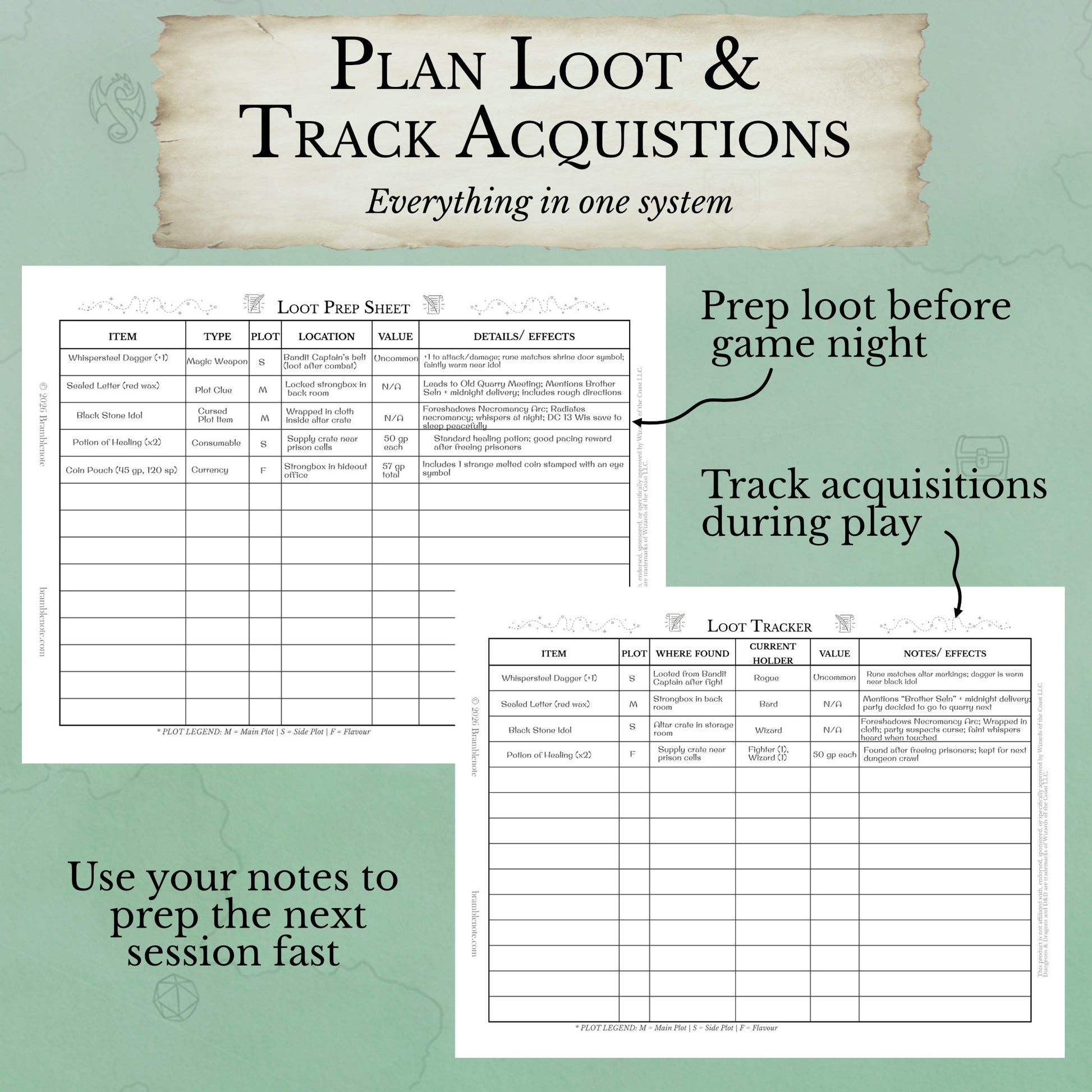 two-page DM loot bundle PDF showing loot prep worksheet and loot tracker sheet
