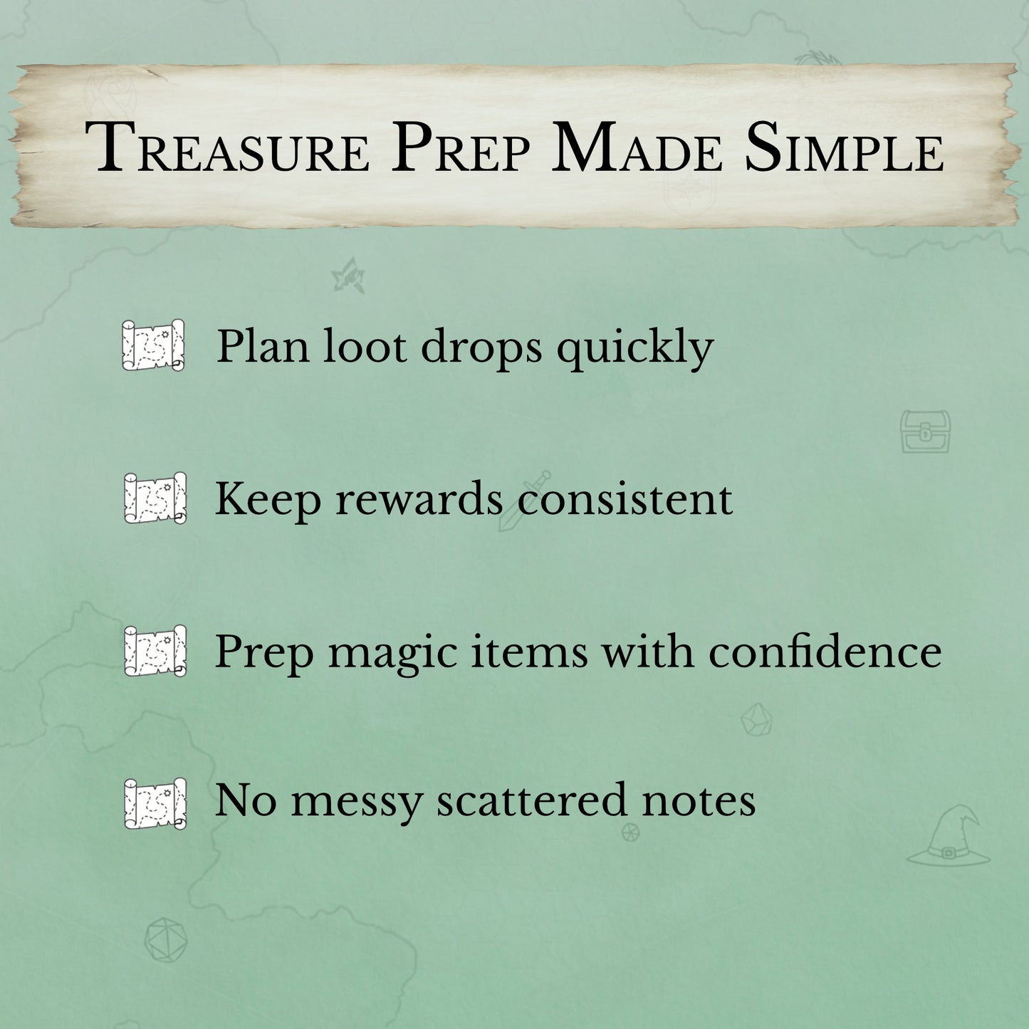 DM treasure prep sheet printable for session rewards and loot drops