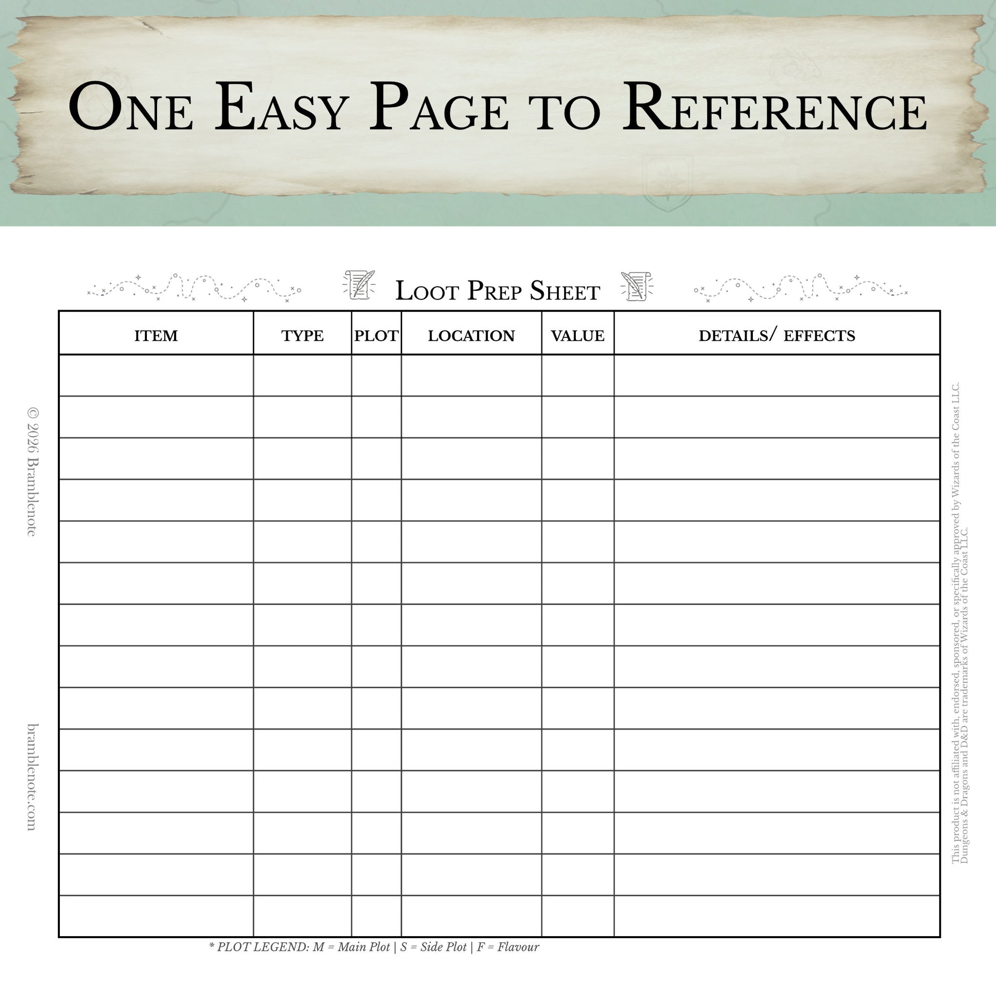 One-page D&D treasure planning template for Dungeon Masters loot prep