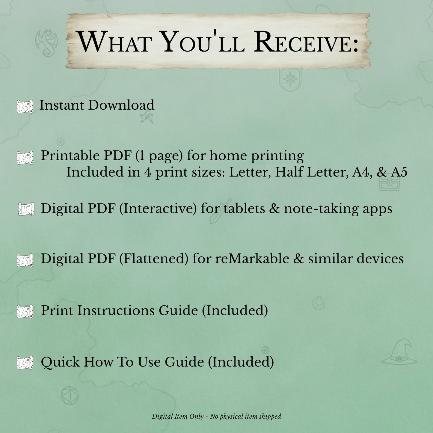 What you'll receive when you purchase the D&D treasure planning template  instant download
