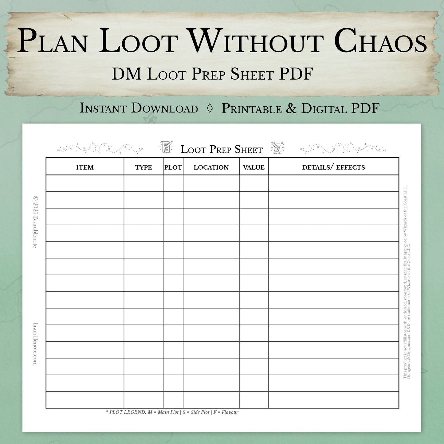 One-page D&D loot planning worksheet PDF instant download
