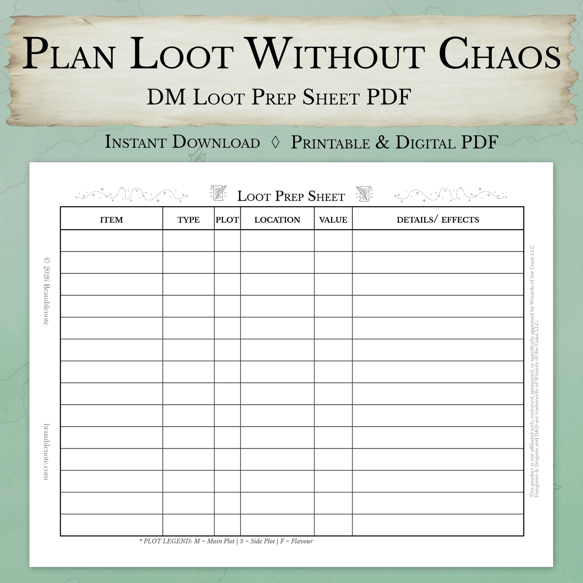 One-page D&D loot planning worksheet PDF instant download