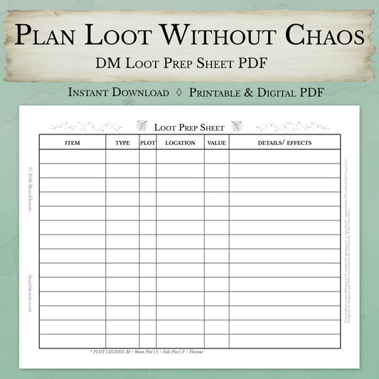 One-page D&D loot planning worksheet PDF instant download