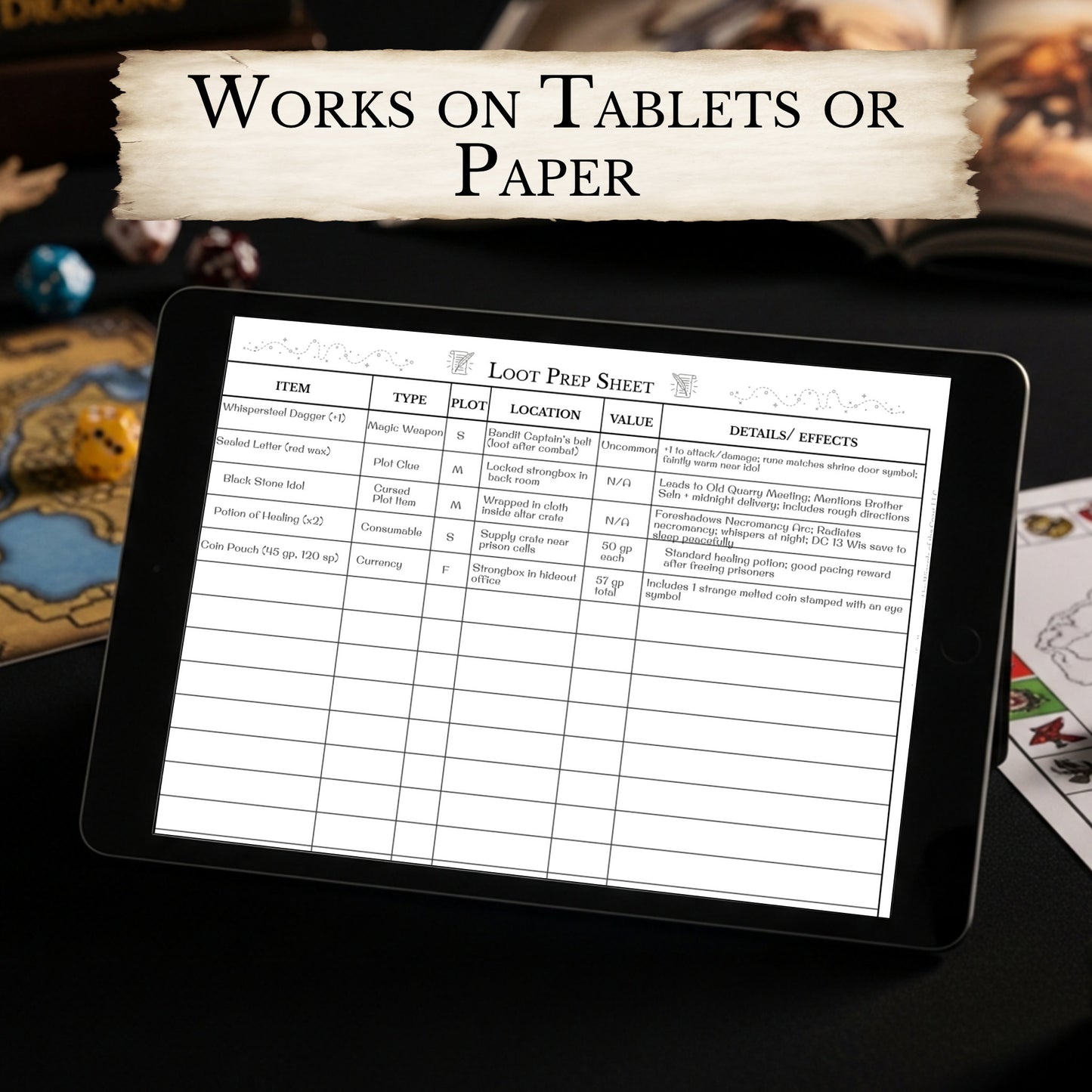 Printable and digital DM loot prep sheet for planning magic items and rewards
