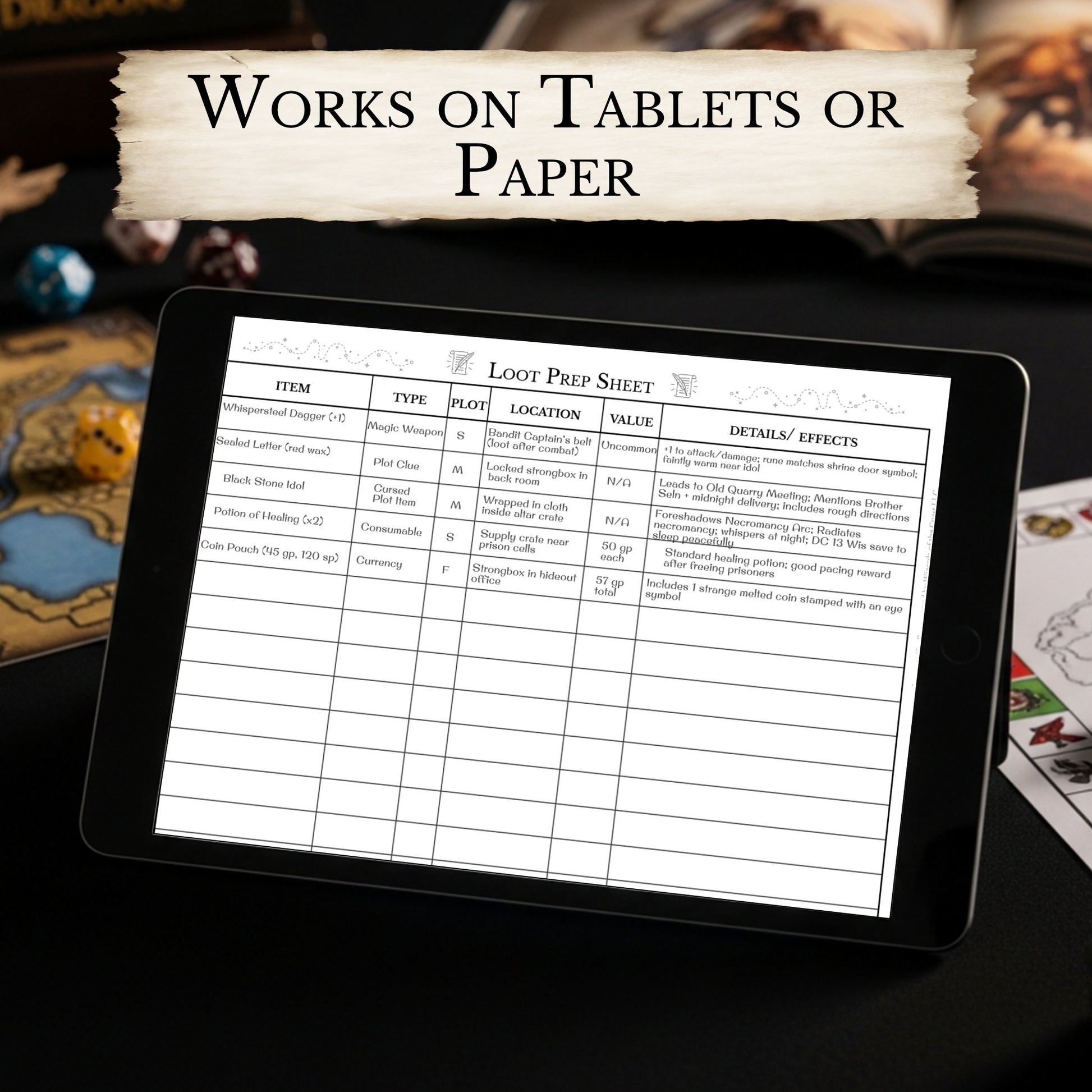 Printable and digital DM loot prep sheet for planning magic items and rewards

