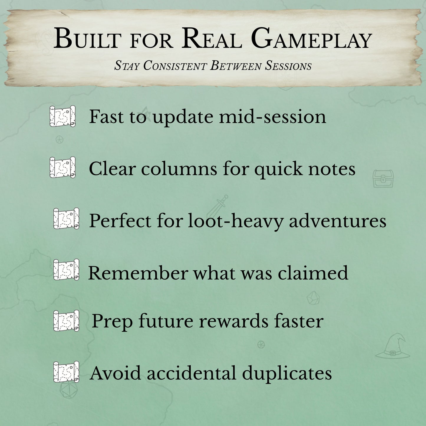 Dungeon Master treasure tracking sheet for recording who has loot
