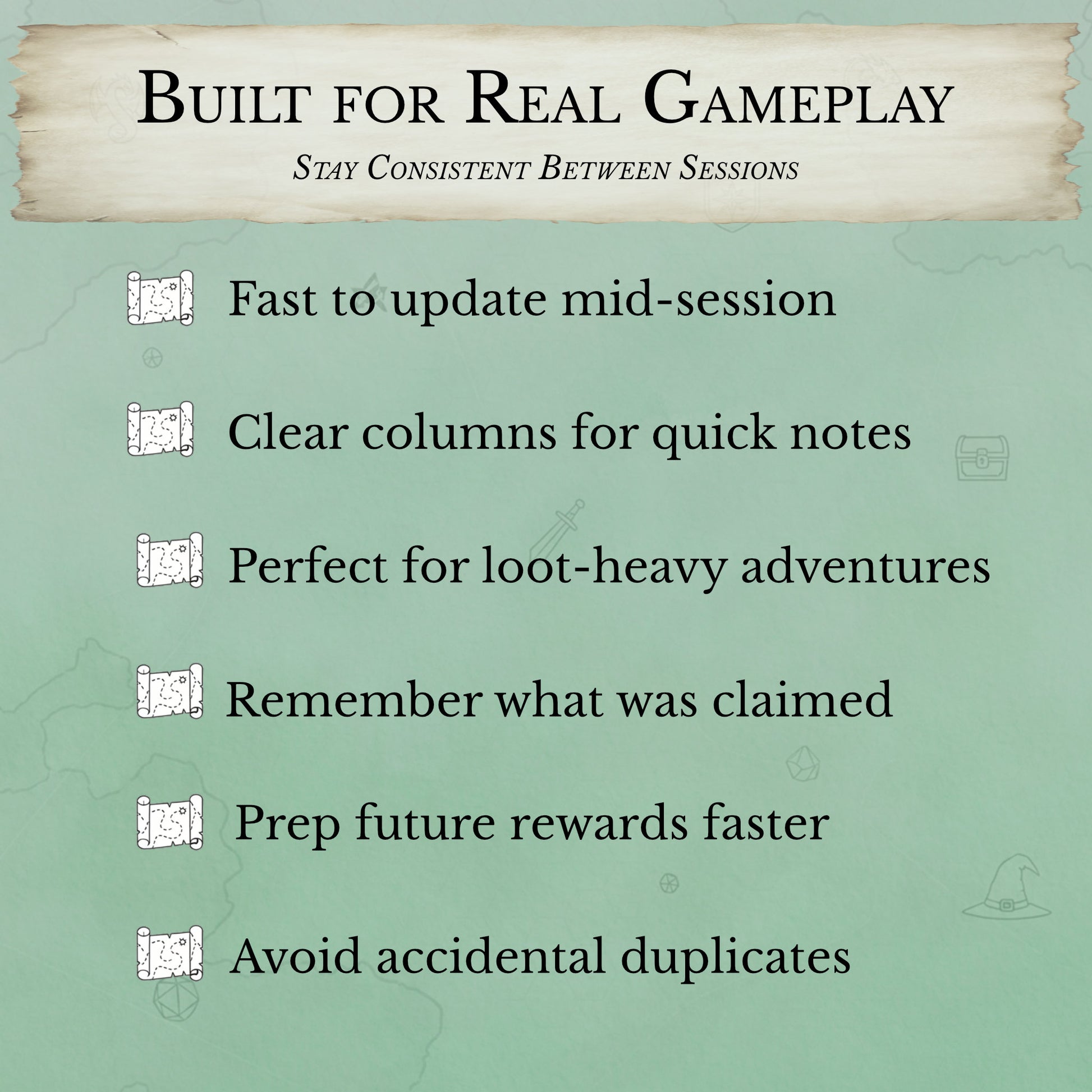 Dungeon Master treasure tracking sheet for recording who has loot
