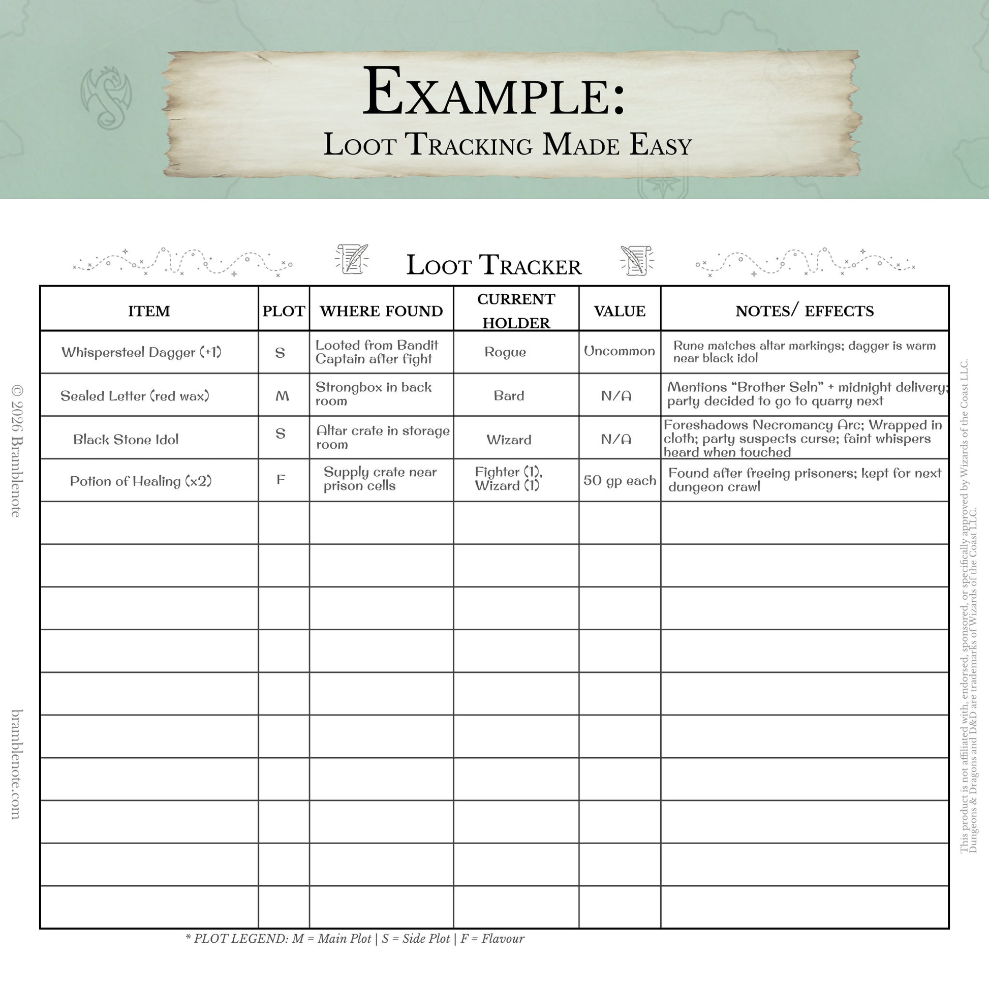 DM loot tracker example showing tracked gold items and magic loot